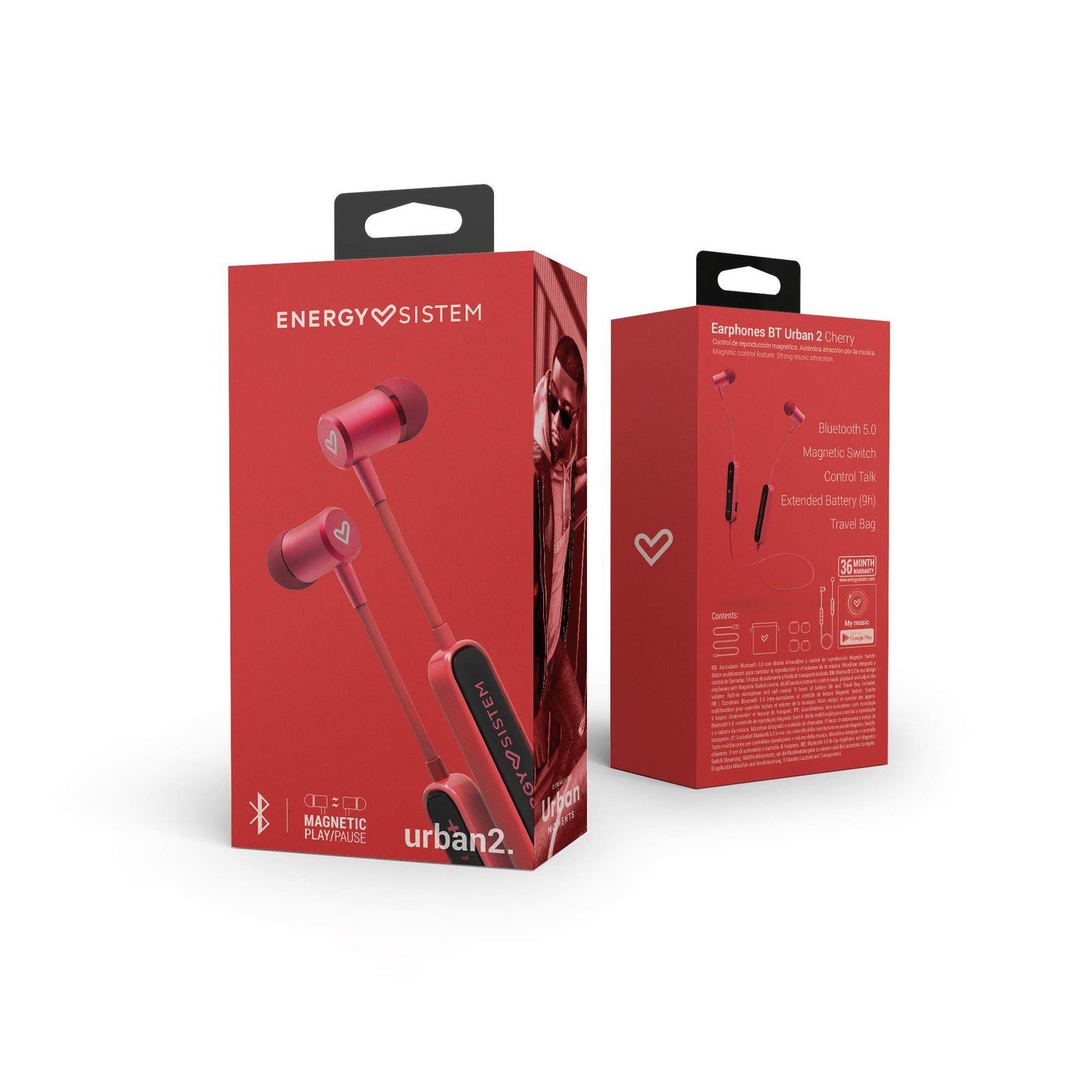 Energy Sistem Earphones BT Urban 2 Cheery Red (Bluetooth Headphones in Ear, Magnetic Closure, Wireless Earphones, 10 Playtime, Built-in Microphone, Control Talk, Extended Battery)