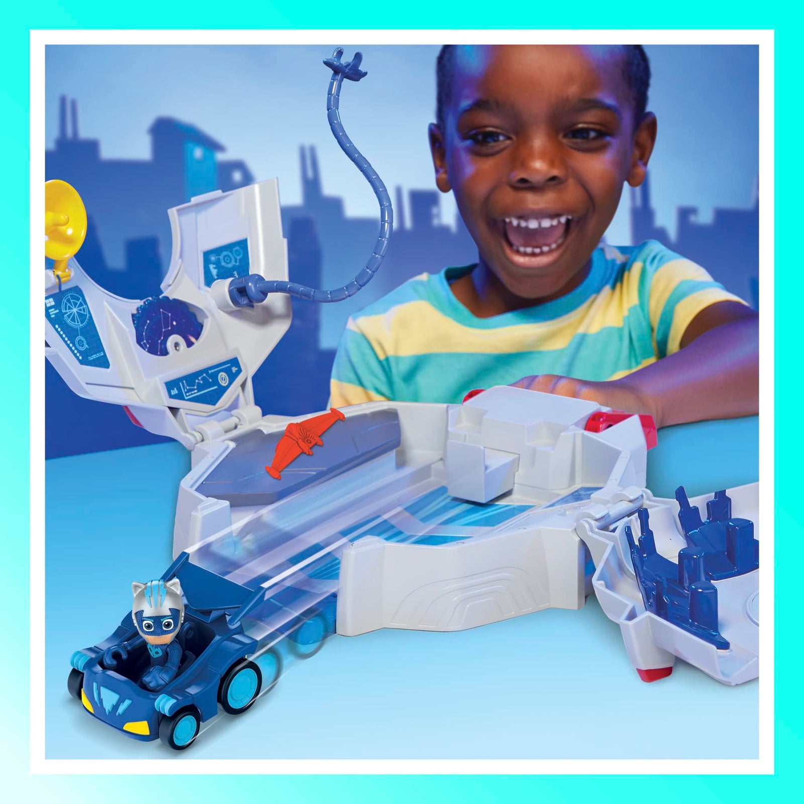 PJ Masks Power Heroes PJ Power Q Playset, PJ Masks Headquarters Set with Car and Figure, Superhero Toys for 3 Year Old Boys and Girls and Up