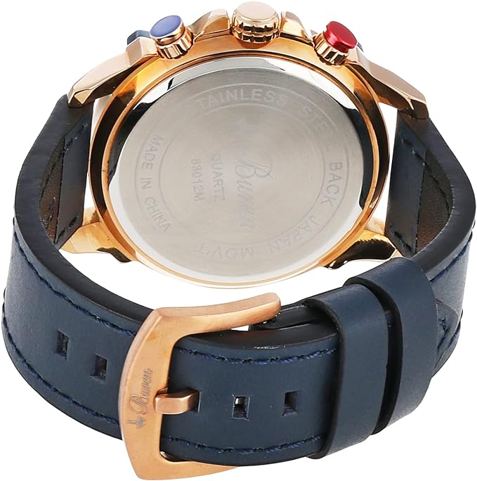 Buren Leather watch BU83012M stainless steel Back With Gold frame and Stopwatch and Date Counter and Second Counter for men-Navy&Gold, Navy, strap