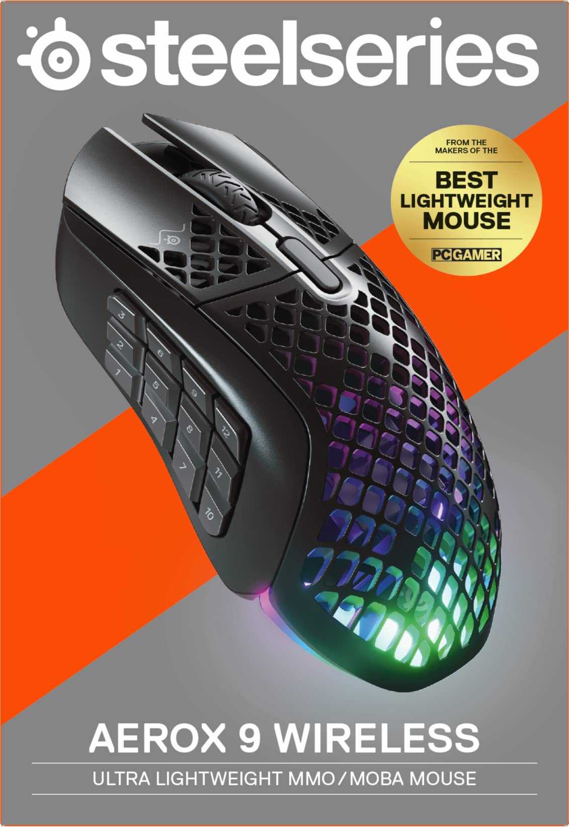 SteelSeries Aerox 9 Wireless Gaming Mouse – Ultra Lightweight MMO/MOBA – 89g – 18 Programmable Buttons – Bluetooth/2.4 GHz – IP54 Water Resistant – 180 Hr Battery, Black