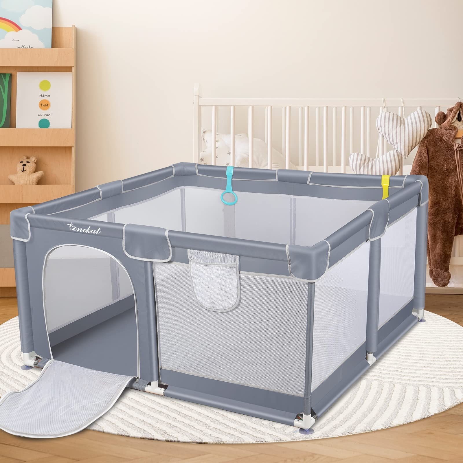 Tenckat Baby Playpen for and Toddlers,125x125cm Portable Babypen with Anti-slip Base, Sturdy Safety Playards Soft Breathable Mesh, 2 Pulling Rings Bag, grey, 1 Count, 3.38 kg