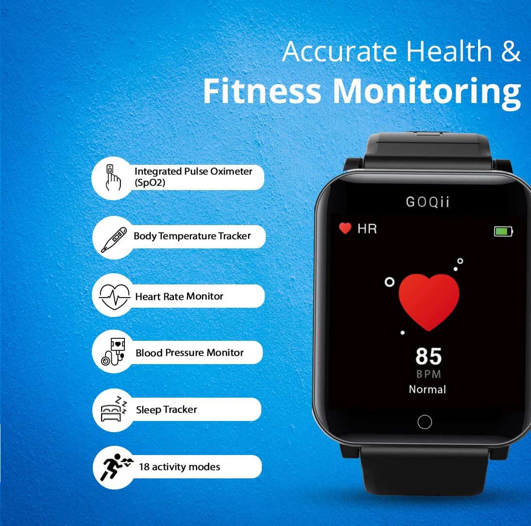 Goqii Smart Vital Fitness Spo2, Body Temperature And Blood Pressure Smartwatch Regular With 3 Months Personal Coaching, Black (Designed In California)