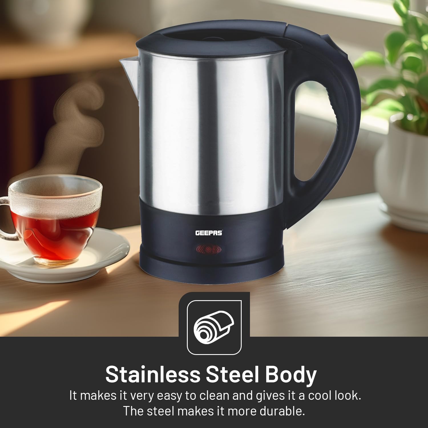 Geepas GK5418 1350W Travel Electric Kettle - Stainless Steel Housing, Boil-Dry & Overheat Protection |Boiler for Hot Water, Tea & Coffee | 1.0L