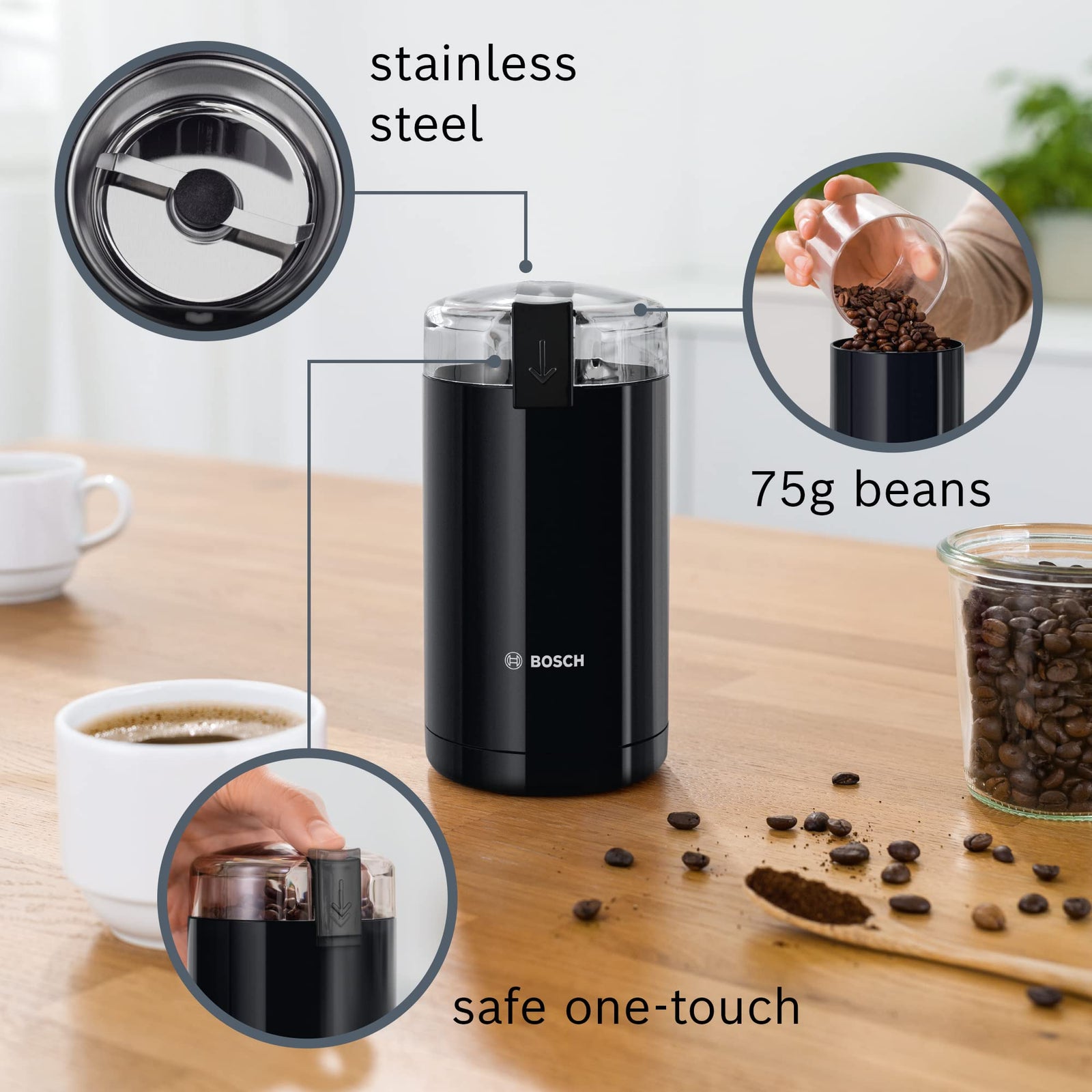 Bosch Coffee Grinder, for 75 g Beans, Safety Function, Stainless Steel Chopping Blade, Black, MKM6003NGB, 1 Year Manufacturer Warranty
