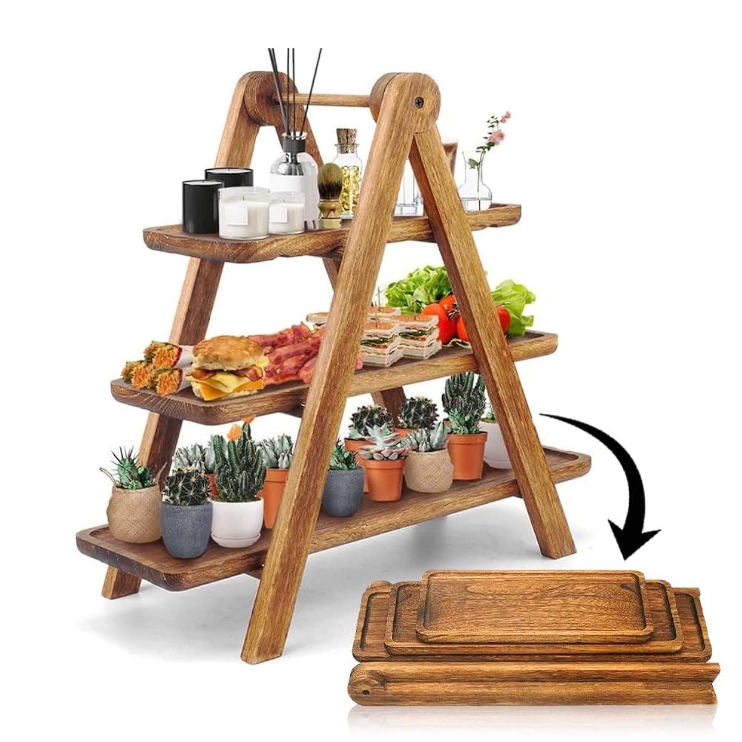 AMERTEER Wood 3 Tier Serving Tray, Three Tiered Cupcake Stand, Rectangle Serving Platter Wooden Farmhouse, Wood Party Serving Trays Fruit Cupcake Stand Cheese Board Platter Brown Decorative Tray Decor