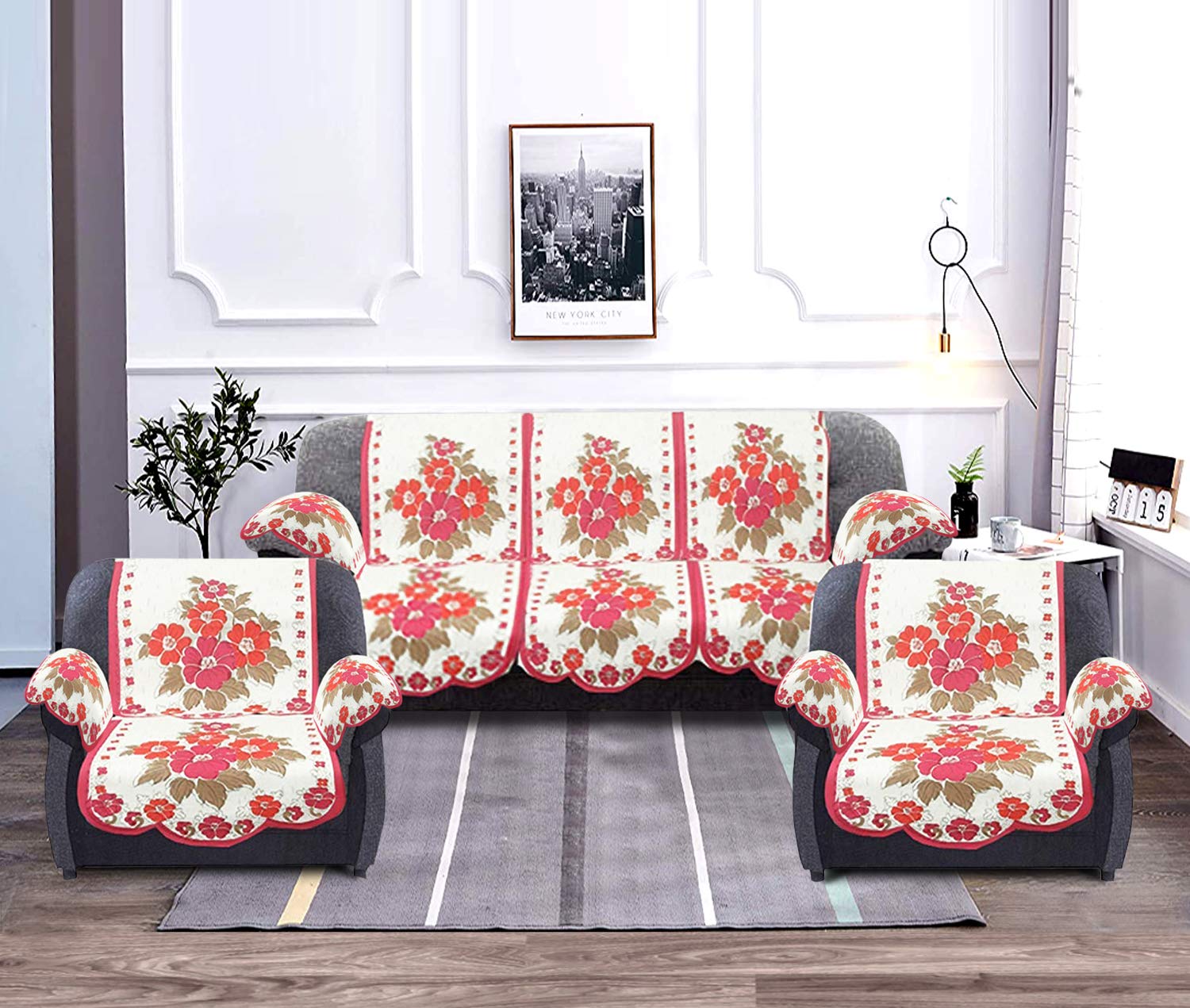 Fun Homes Flower Design Cotton 5 Seater Sofa Cover Set with 6 Pieces Arms Cover (Set Of 16,White & Pink)-FUNNHOM11974