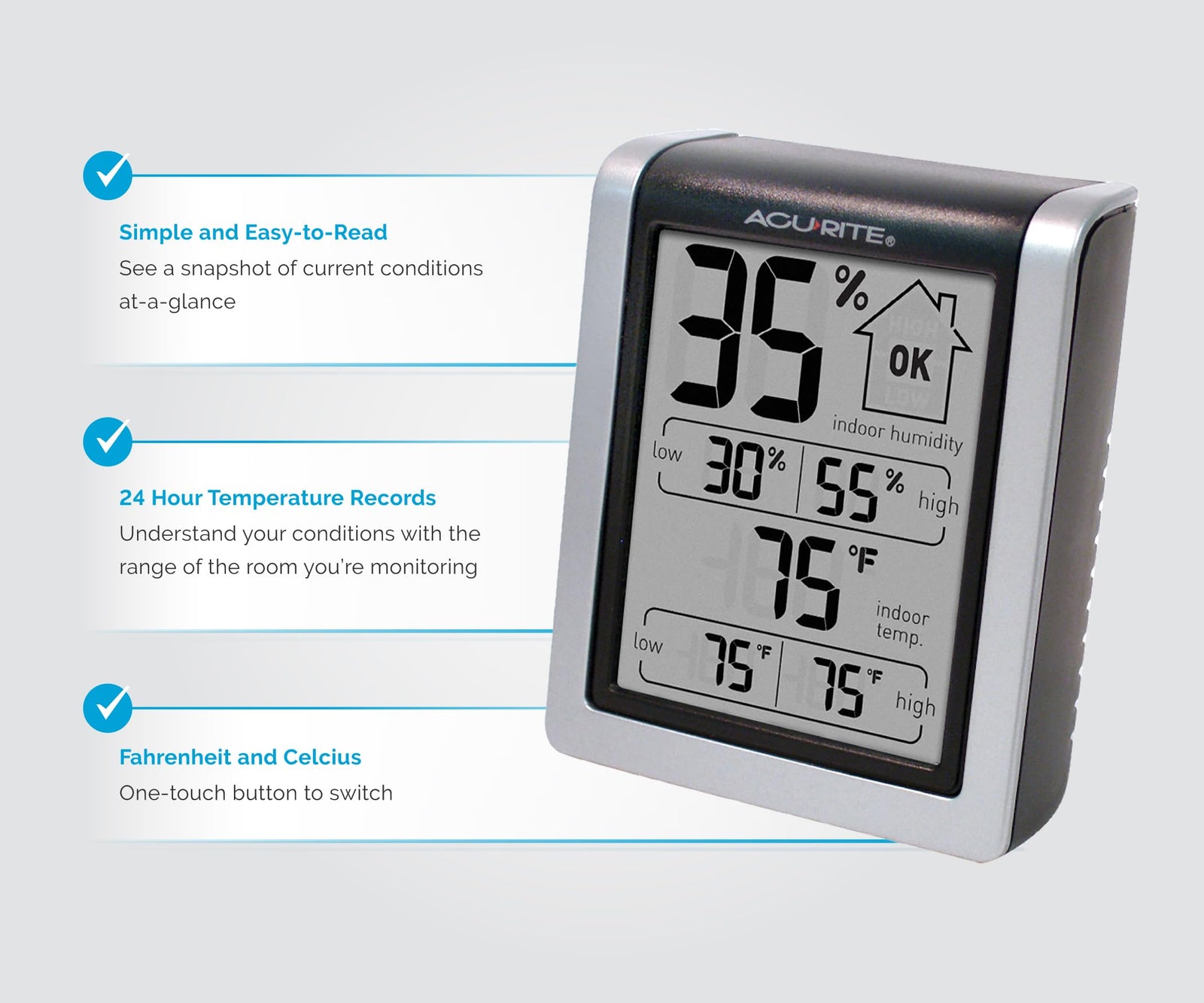Acurite 00613 Digital Hygrometer & Indoor Thermometer Pre-Calibrated Humidity Gauge, 3