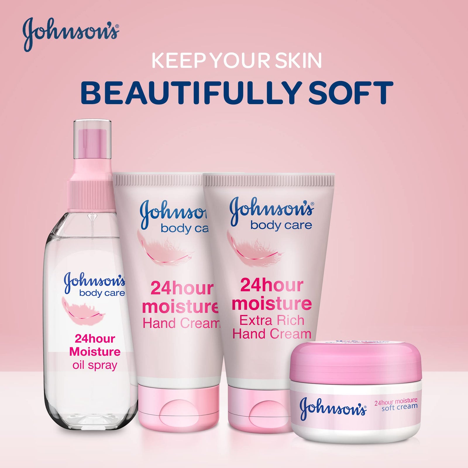 Johnson's 24 Hour Moisture Body Cream, a gentle and hydrating soft formula designed to reduce skin tightness, flakiness, and dullness, providing long-lasting comfort and a healthy glow, 300ml.