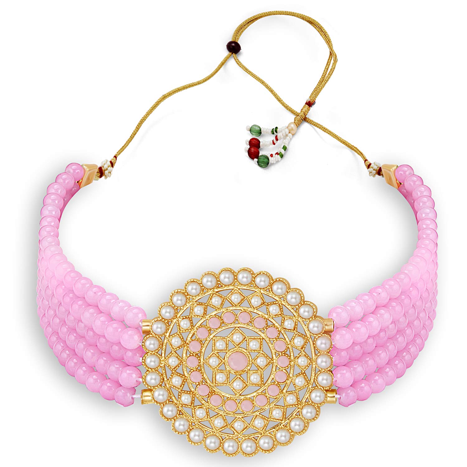 Sukkhi Classic Gold Plated Pastel Pink & White Pearl Choker Necklace Set for Women (SKR70451), free size