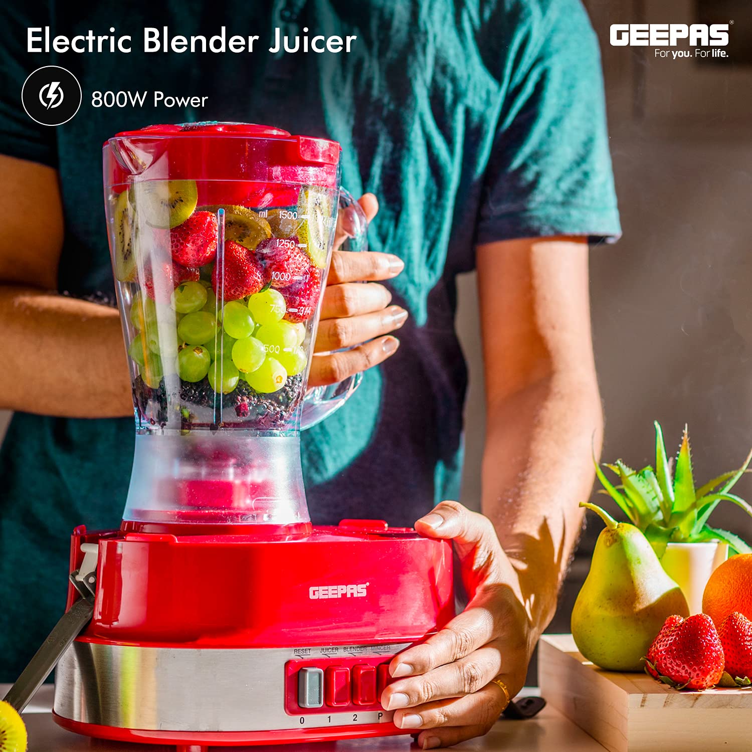 Geepas 4-in-1 multi-function food processor | electric blender juicer, 2-speed with pulse function & safety interlock 800w |juicer, blender, mixture coffee mill included- assorted