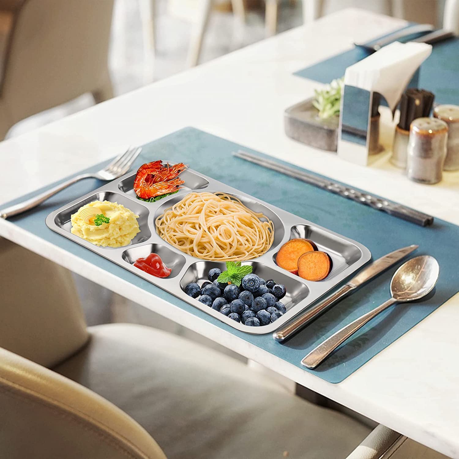 BLACKSTONE Stainless Steel Divided Plate, Dinner Snack Serving Plate with 6 Compartment, Metal Food Trays for Kids, Adults, Camping, Diet Food Portion Control, Picky Eaters