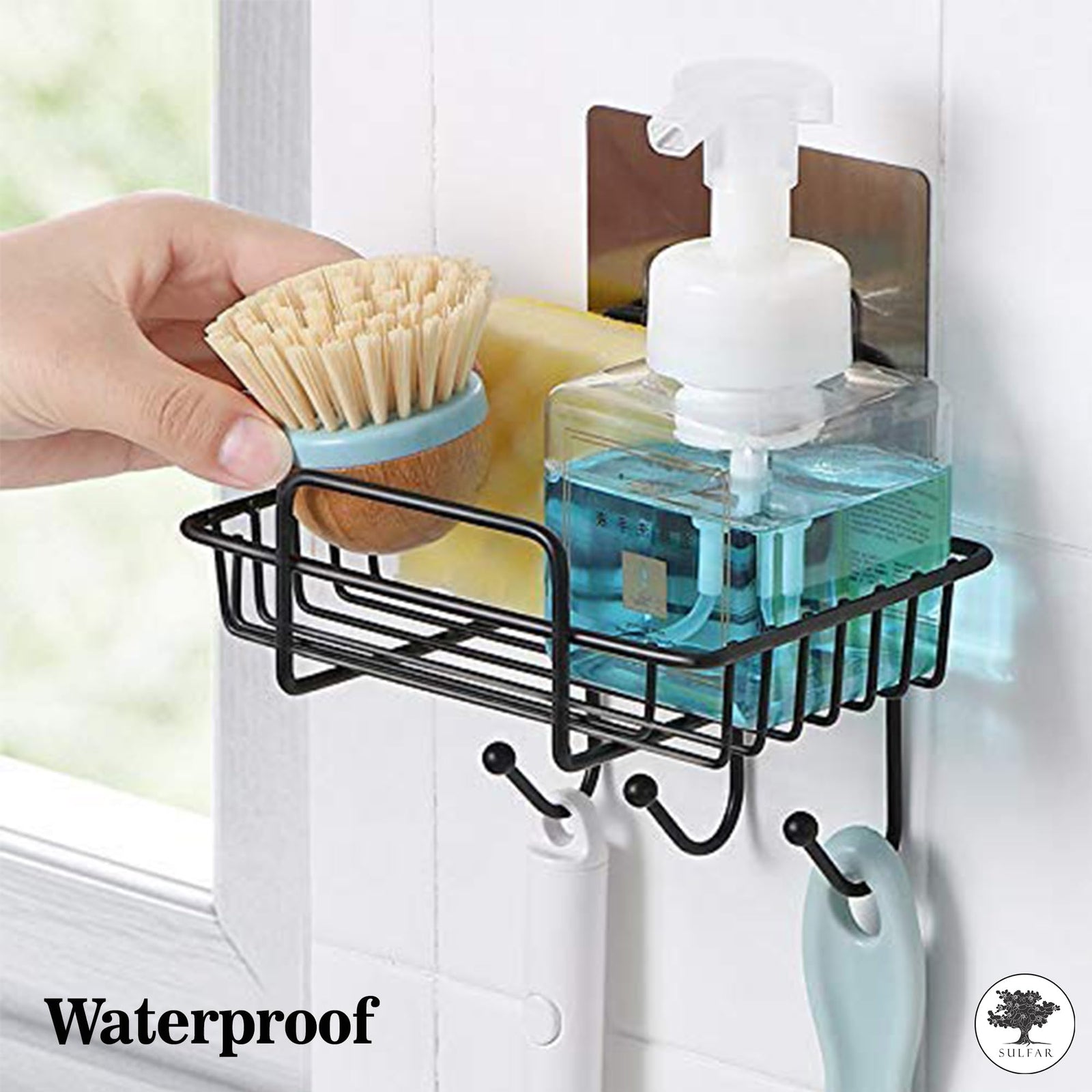Sulfar Self Adhesive Bathroom Shelf for Wall, Shelf Organizer, Kitchen Shelf with Magic Stickers - Pack of 1 (Black)