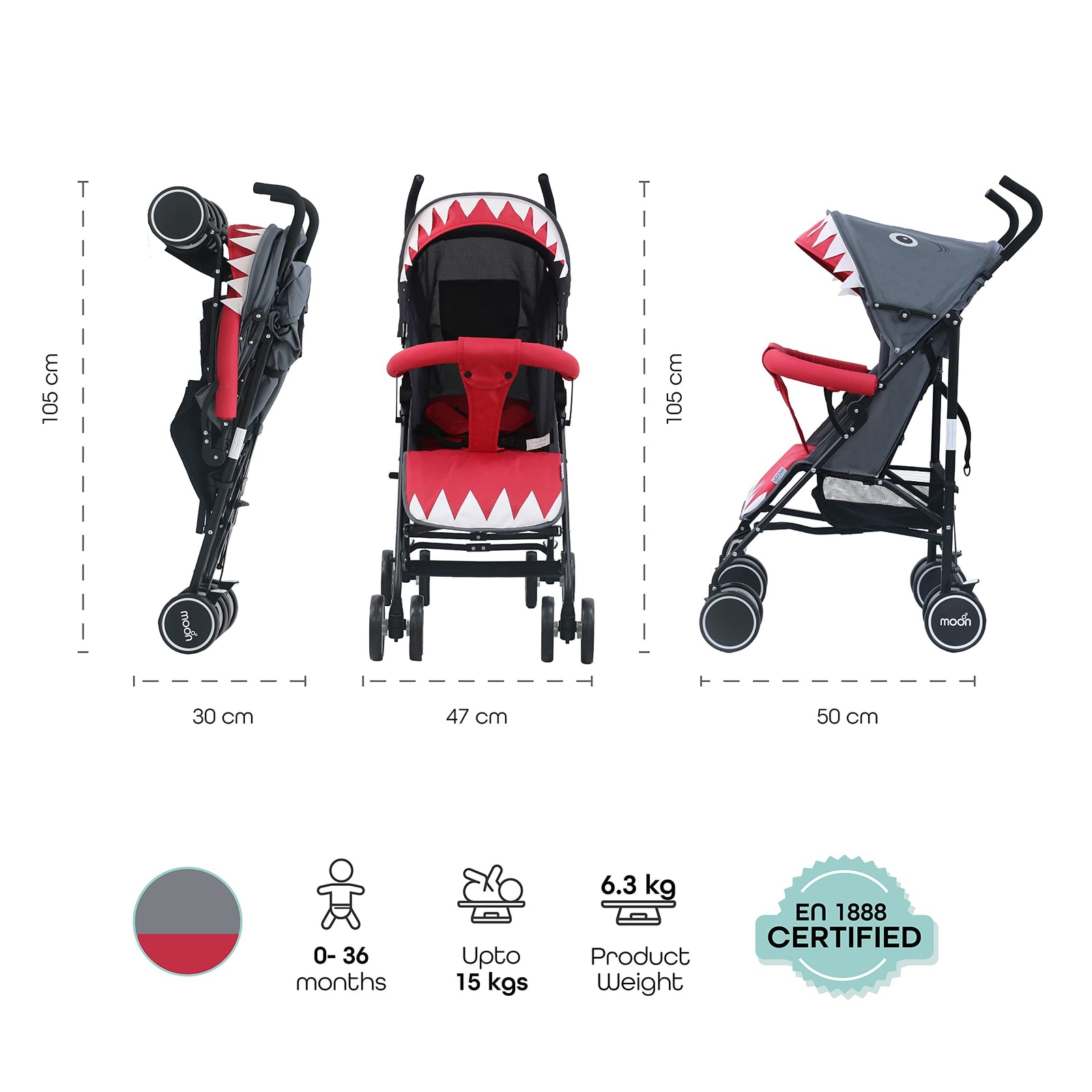 MOON Safari Baby Stroller – Animal-Themed Umbrella-Stroller with Hood – Compact Lightest-Stroller for Travel – Reclining, Storage Basket, Shoulder Strap – 0m+ (Up to 18 kg) – Shark