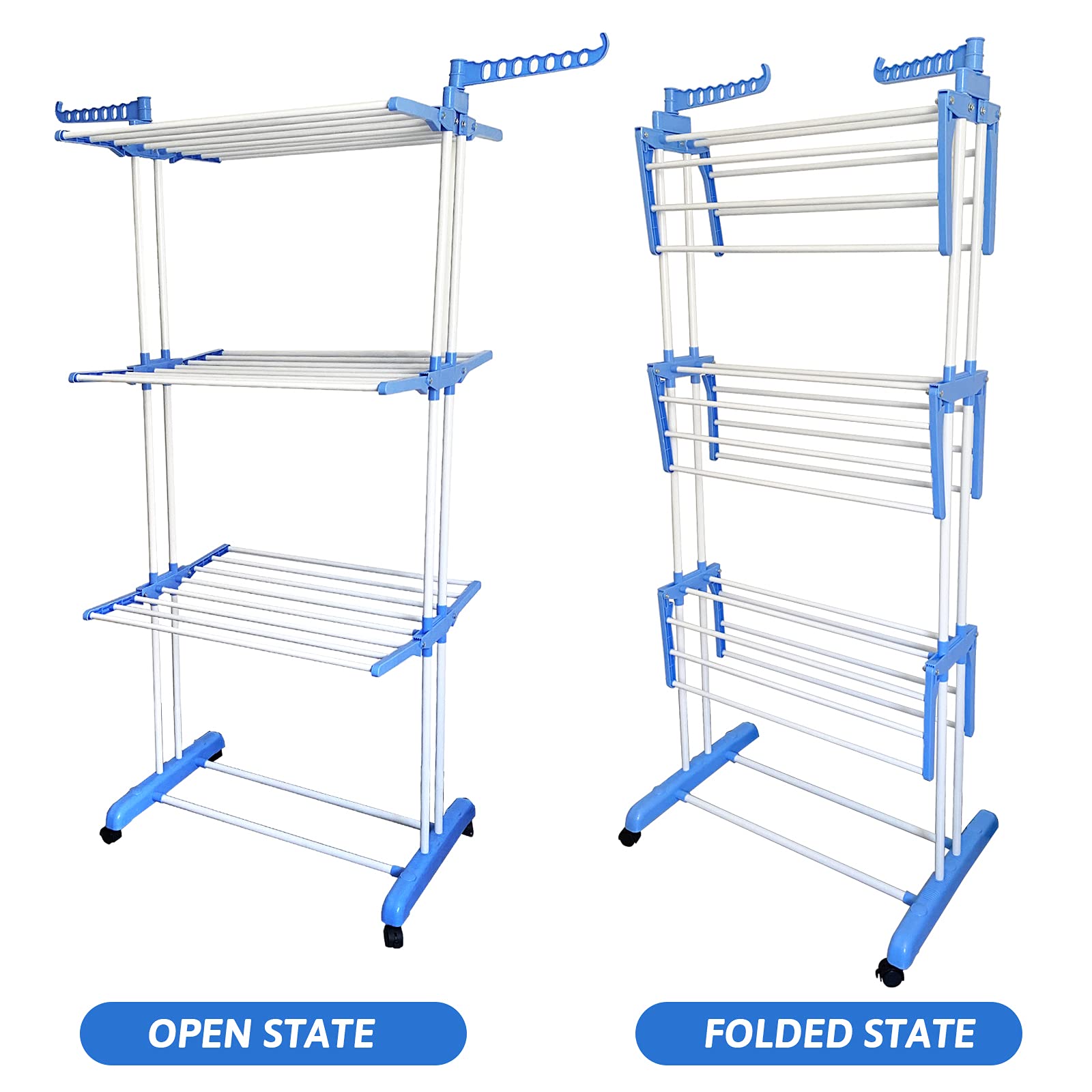 SKY-TOUCH 3 Layers Clothes Drying Rack Folding Clothes Rail Of Clothes Hanger, Adjustable Stainless Steel Hanger With Two Side Folding Wings For Indoor And Outdoor, Blue
