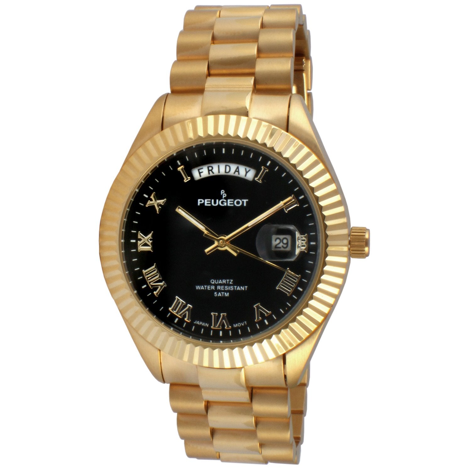 Peugeot 14K All Gold Plated Big Face Luxury Watch with Day Date Windows, Roman Numerals & Coin Edge Fluted Bezel Watch