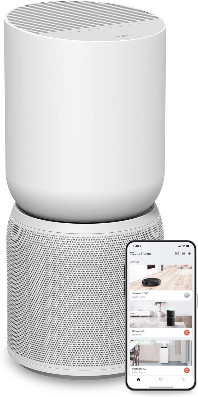 TCL Breeva A5 Smart Air Purifier with 5-Stage Clean, True HEPA (H13), Removes 99.97% of Dust/Bacteria/Odors & More, App & Voice Control, Auto Shield, Ultra-Quiet, White (A515W)