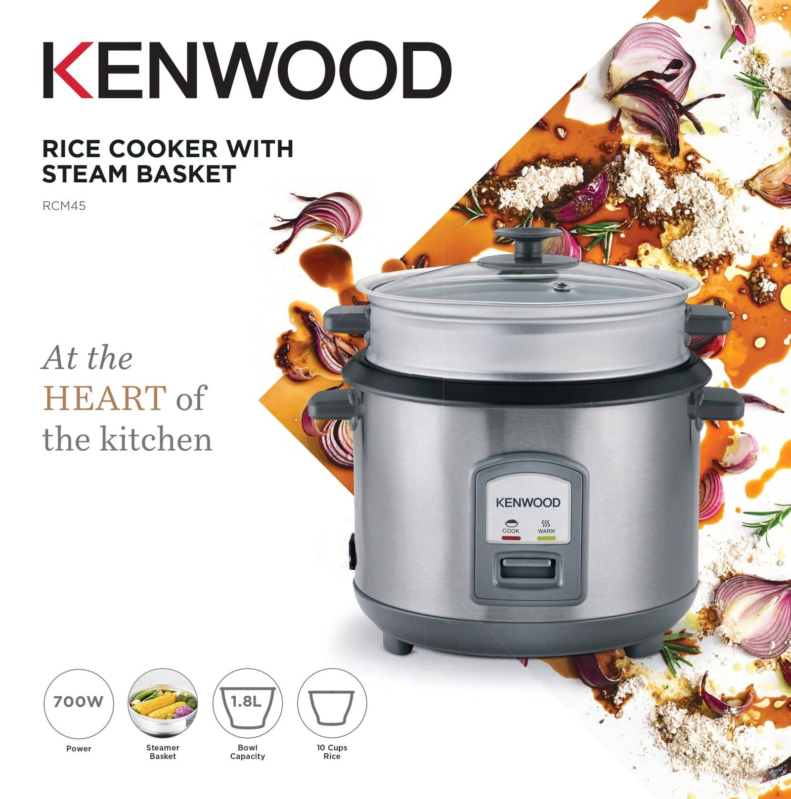 KENWOOD 2-in-1 Rice Cooker 1.8L 10-Cups Rice with Food Steamer Basket, Non-Stick Cooking Pot, Temepered Glass Lid, Warm/Cook Lights, Spatula Holder, Detachable Cord RCM45.000SS Silver