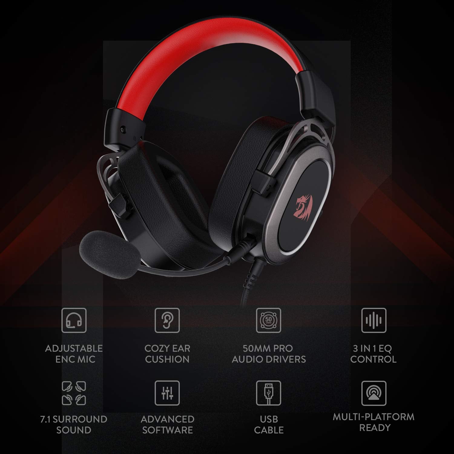 Redragon H710 Helios Wired Gaming Headset - 7.1 Surround Sound - Memory Foam Ear Pads - 50Mm Drivers - Detachable Microphone - Multi Platform Headphone - Works With Pc/Ps4/Switch