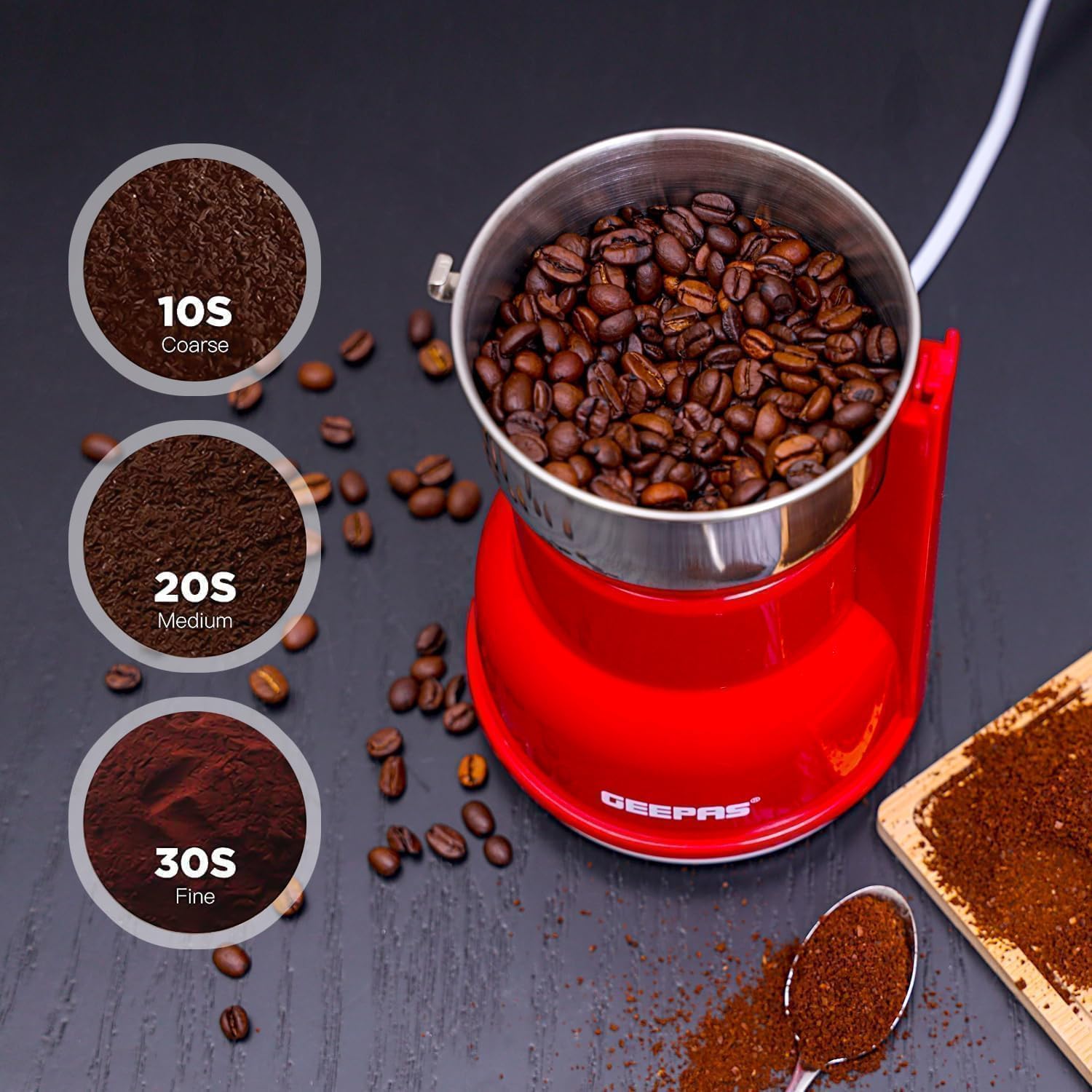 Geepas 150W Electric Coffee Grinder - Stainless Steel Blade |Stainless Steel Cup for Grinding, GCG5440 Overheat Protection | Removable Steel Bowl |2 Year Warranty