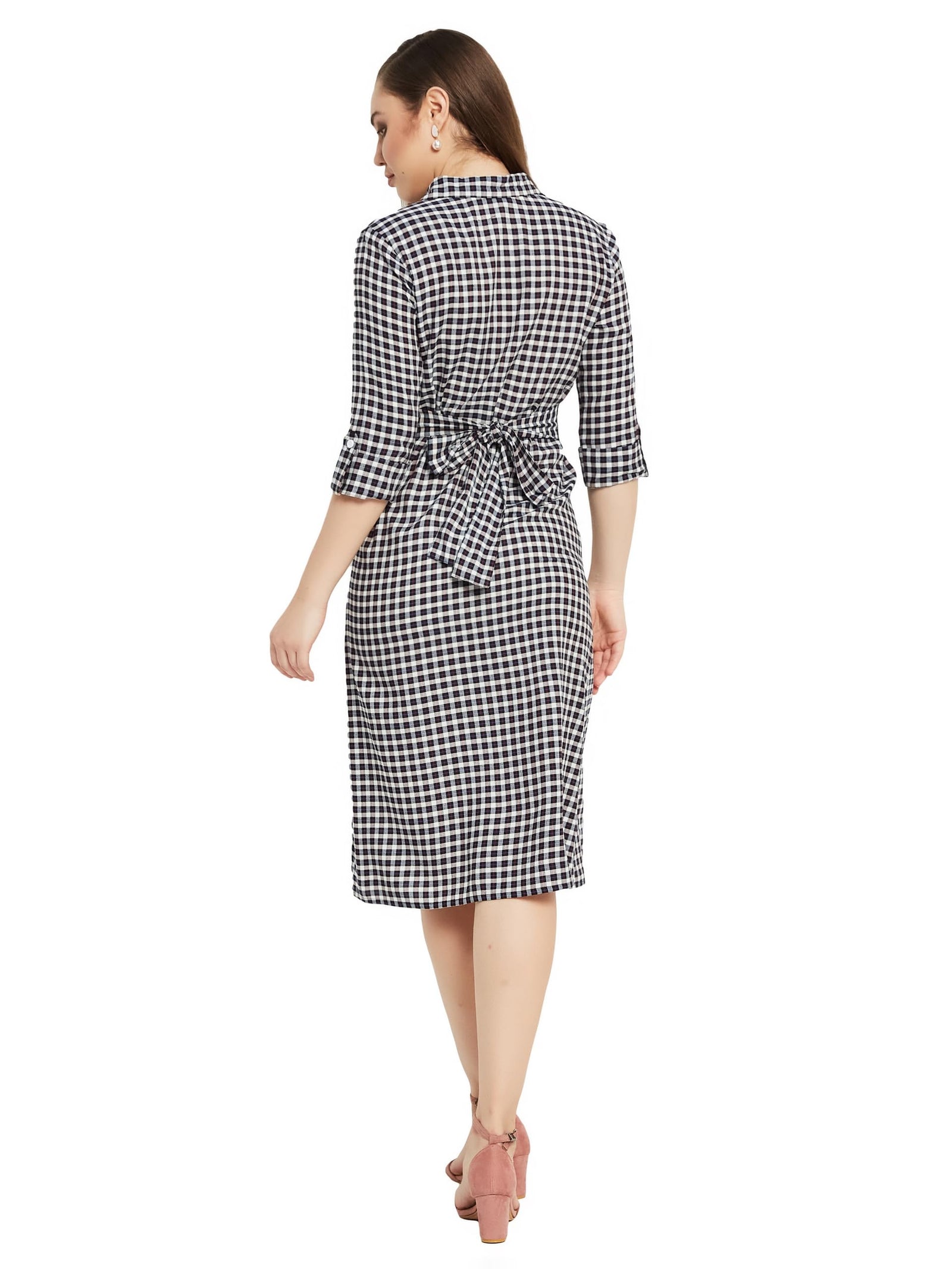 Miss Olive Women's Multicolored Checkered Shirt Collar 3/4 Sleeve Rayon Shirt Midi Dress(MOSS23D79-07-224-03)