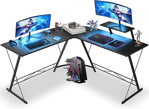 SKY-TOUCH L Shaped Gaming Desk, Home Office Desk With Round Corner and Shelf, Computer Desk With Large Monitor Stand Desk,Sturdy Writing Workstation, Gaming Desk with Shelf - Black 50.8cm*50.8cm*28cm