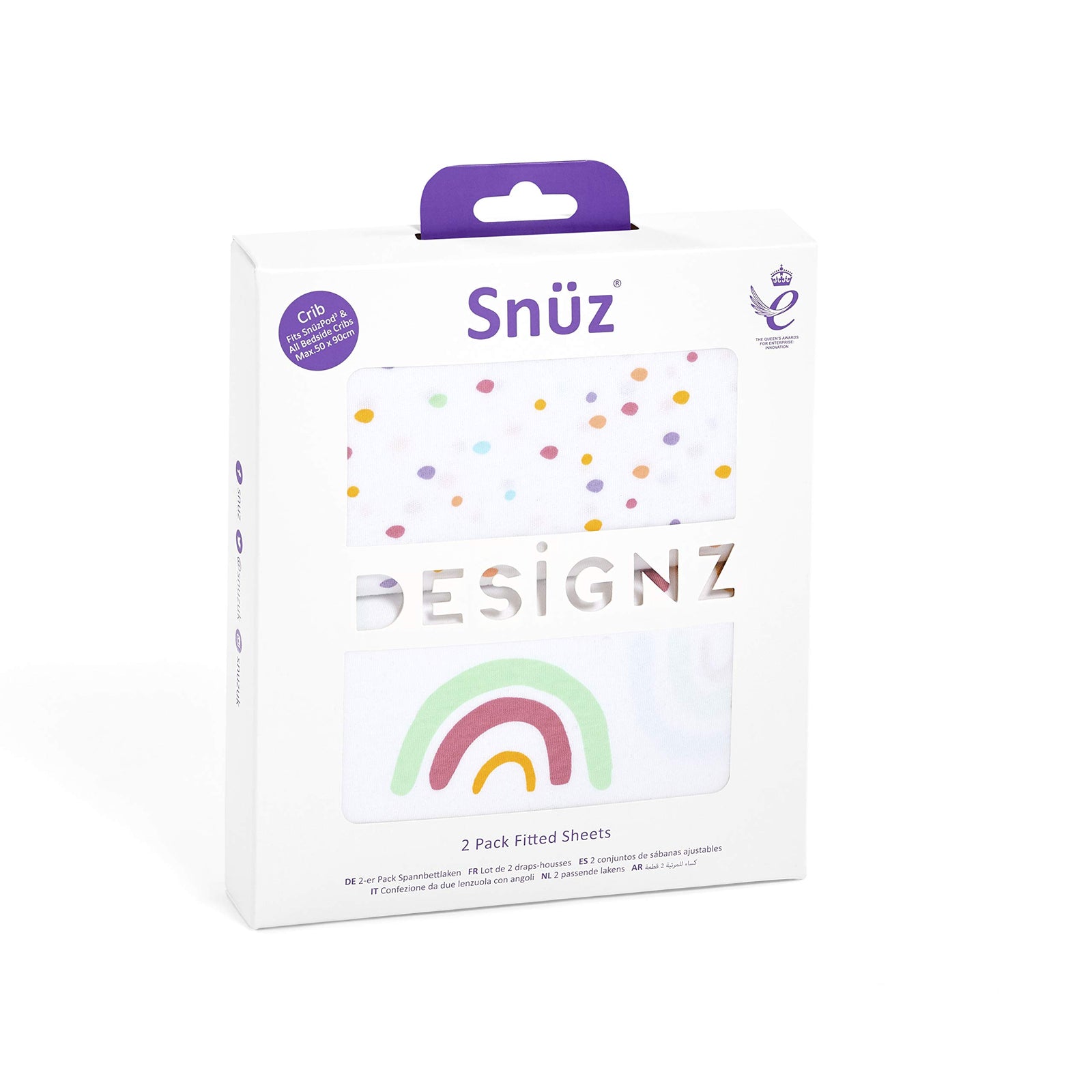 Snuz 2 Pack Crib Fitted Sheets | Designed to fit SnuzPod Bedside Cribs | 100% Cotton | Infant/ Baby | Pattern - Rainbow | Fitted sheet size: 44 x 80cm (max.)