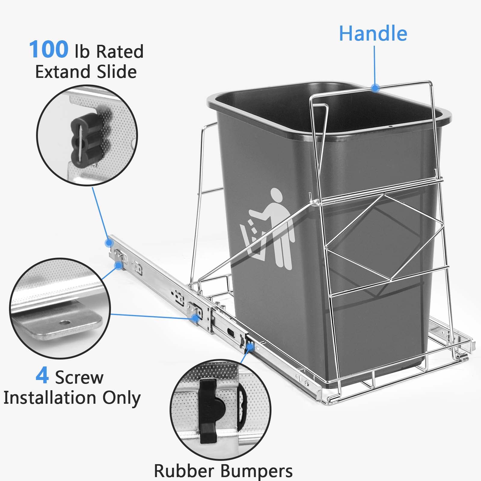 Harhana Pull Out Trash Can Under Cabinet, Kitchen Trash Can Pull Out Shelf with Full-Extension Slides, Stainless Steel