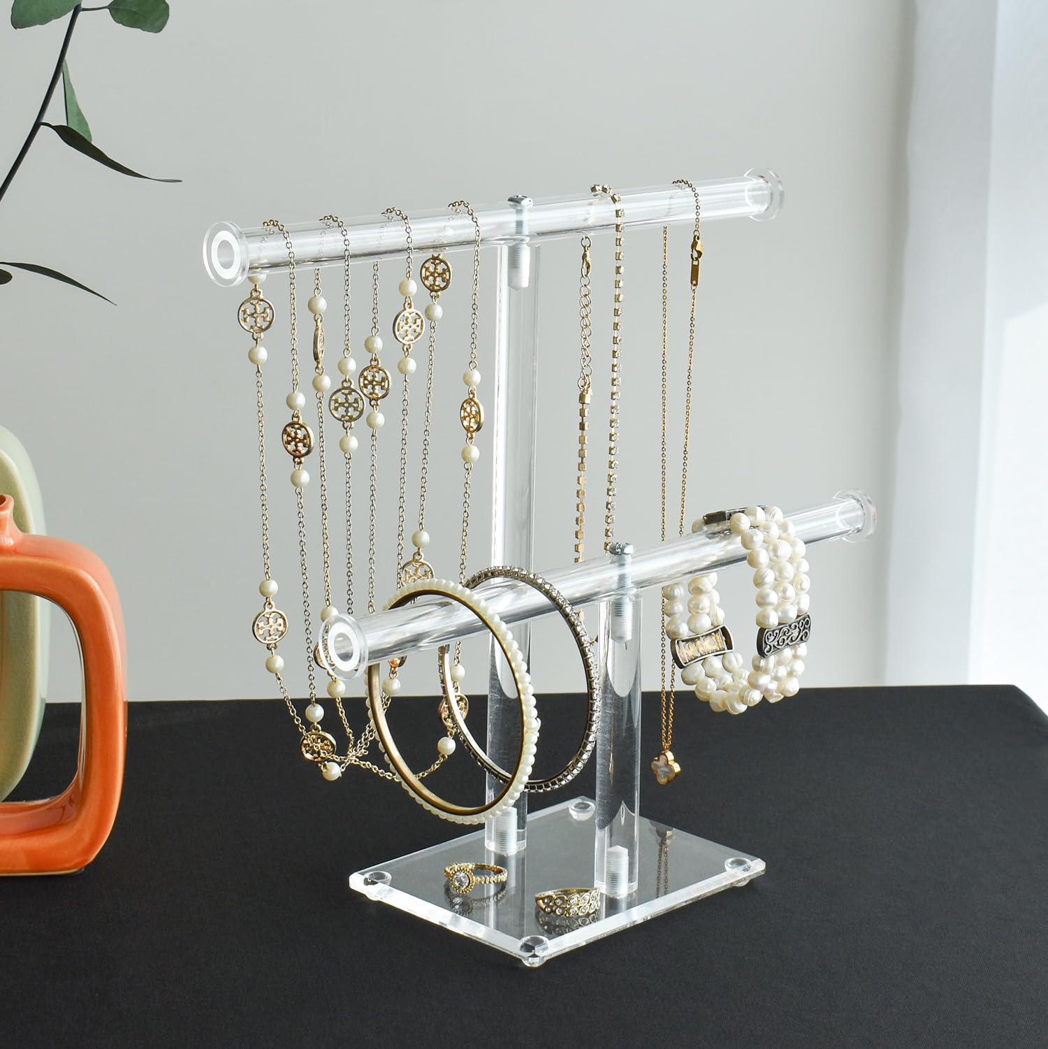 Mooca Deluxe Clear Acrylic Round Bracelet Display Holder 2 Tier T-bar Jewelry Display Bracelet Display Holder Stand Acrylic Bracelet Display Organizer Jewelry Holder (2-Bar)