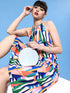 Krave Off White & Blue Halter Neck Crepe Midi Dress.MULTICOLOR.