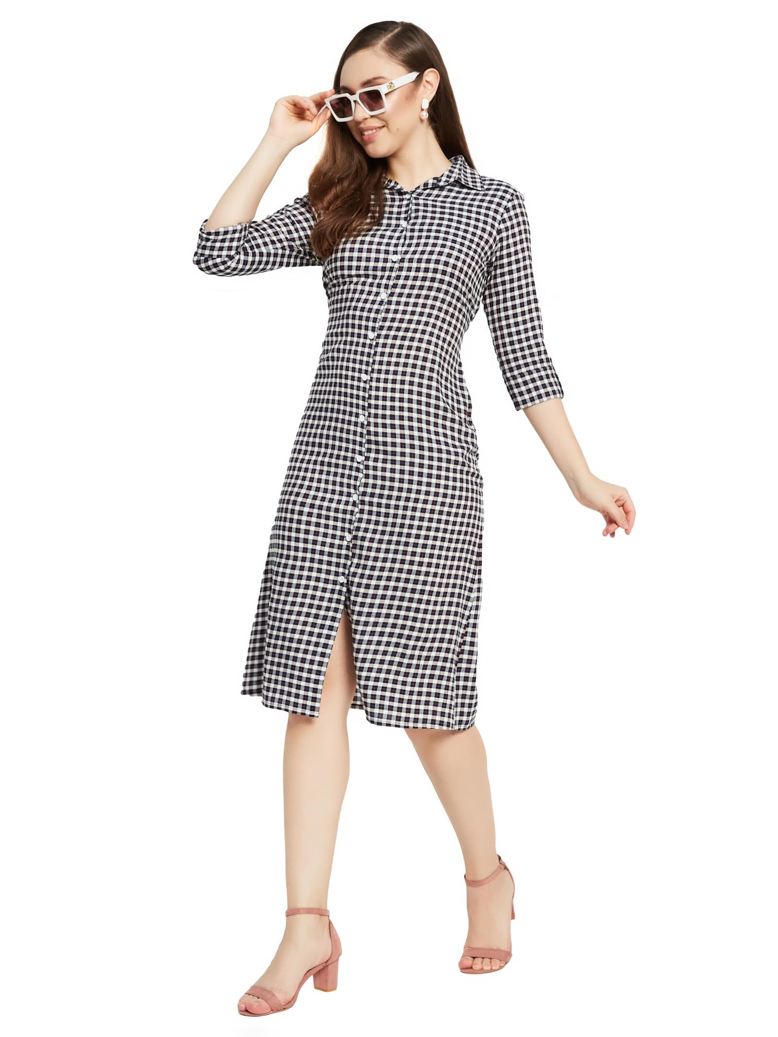Miss Olive Women's Multicolored Checkered Shirt Collar 3/4 Sleeve Rayon Shirt Midi Dress(MOSS23D79-07-224-03)
