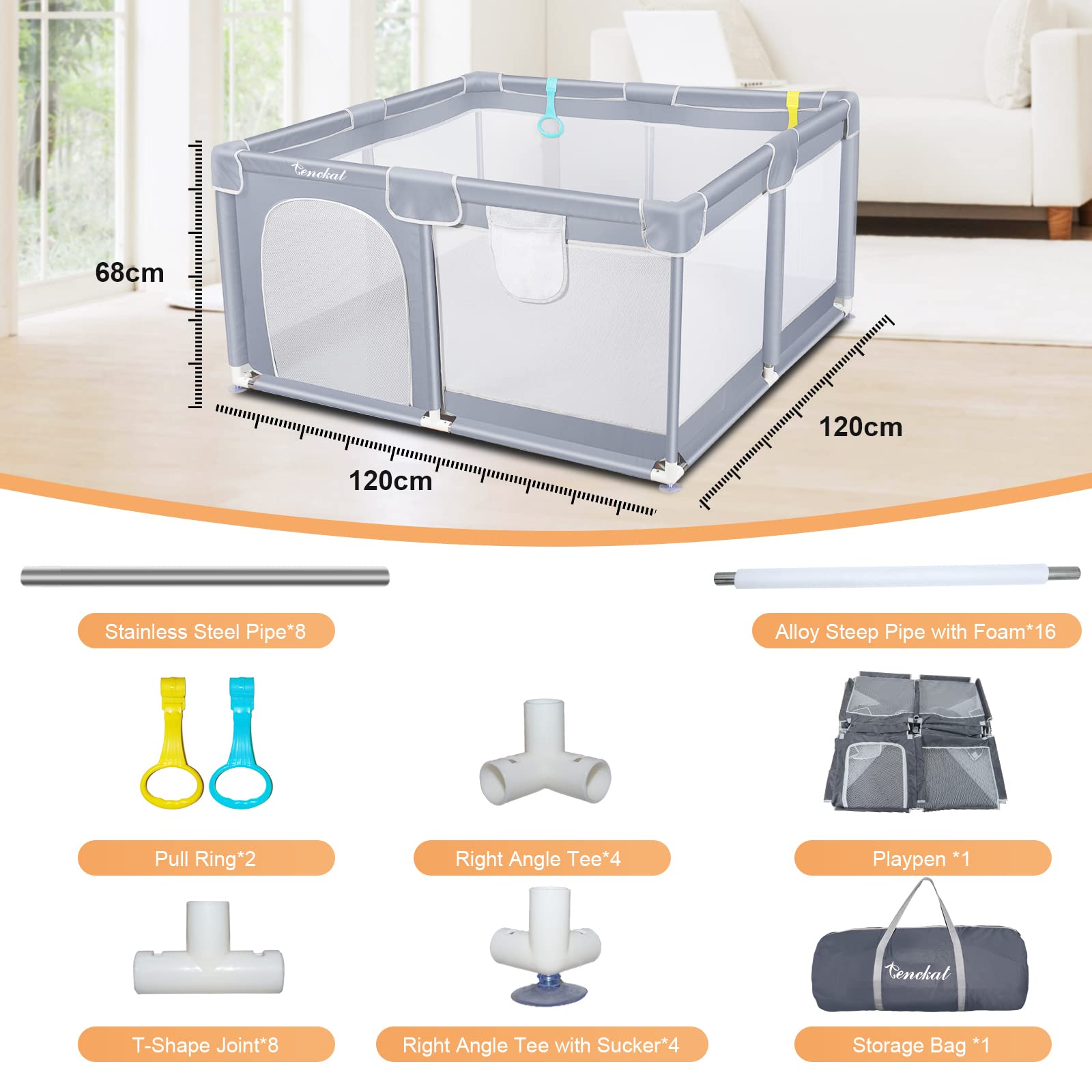 Tenckat Baby Playpen for and Toddlers,125x125cm Portable Babypen with Anti-slip Base, Sturdy Safety Playards Soft Breathable Mesh, 2 Pulling Rings Bag, grey, 1 Count, 3.38 kg