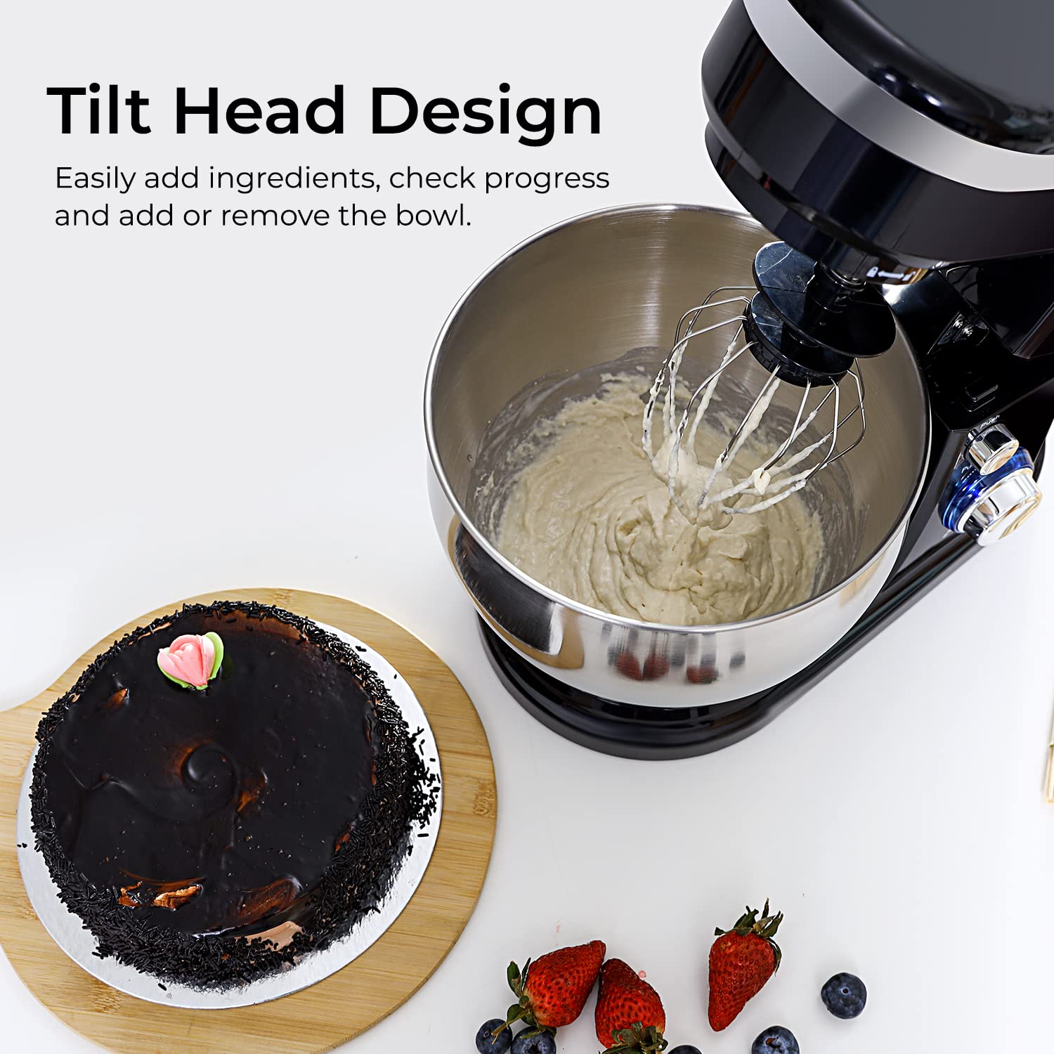 Geepas 5L Food Stand Mixer | 1000W Stainless Steel Mixing Bowl & Splash Guard | 6 Speed With Pulse & Balloon Whisk Flat Beater & Dough Hook | 2 Years Warranty, Black, Gsm43038UK