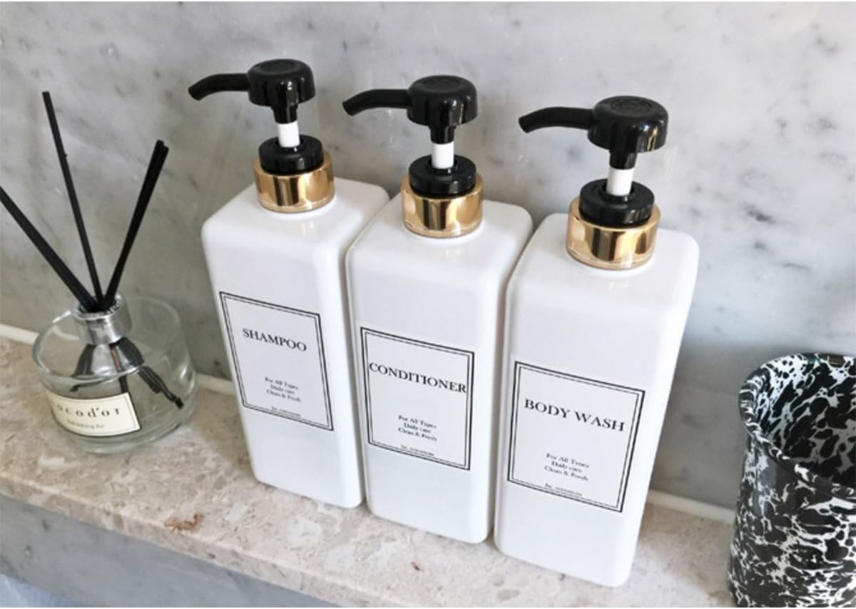 HARRA HOME Modern Gold Design Pump Bottle Set 27 oz Refillable Shampoo and Conditioner Dispenser Empty Shower Plastic Bottles with Pump for Bathroom Lotion Body wash Massage Oils, Pack of 3 (Black)