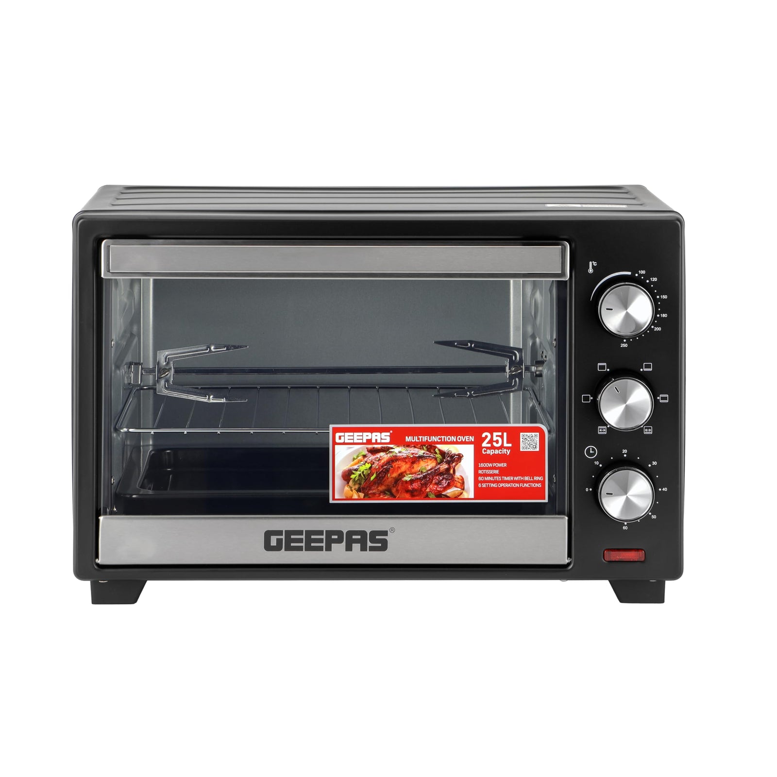 Geepas Electric Oven With Rotisserie 25L,1600W GO34040| Perfect for Baking, Roasting & Grilling - Accessories Included