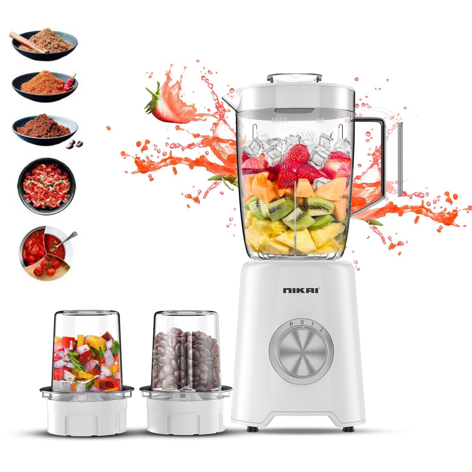 Nikai 3-in-1 Blender with 3 Jars, 1.5 Ltr Liquid Jar, 1 Coffee Grinder & 1 Meat Mincer, 2 Speeds, Stainless Blades, Unbreakable Jar, Perfect for Dry & Wet Fine Grinding, Mixing & Juicing-NB1900NA1