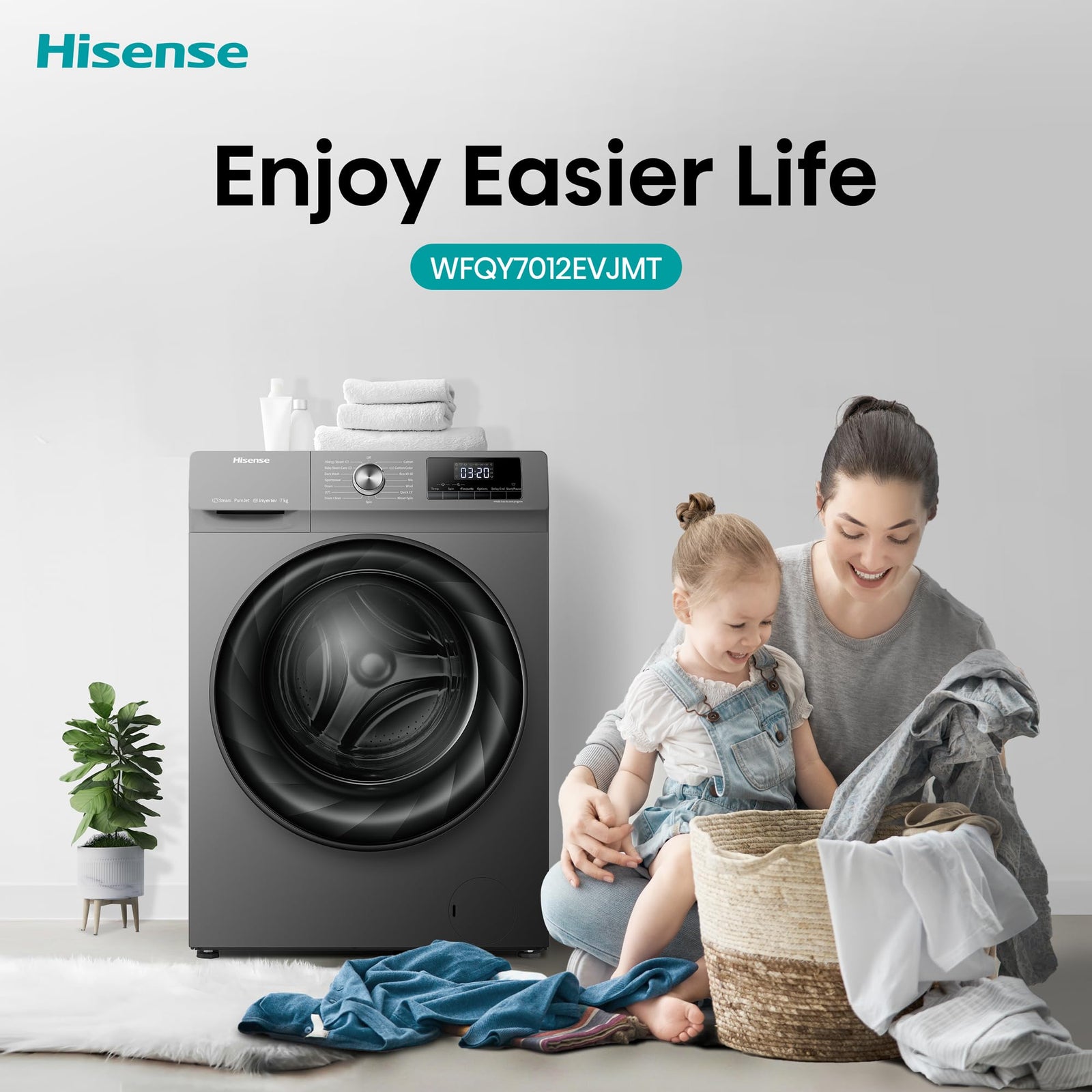 Hisense WFQY7012EVJMT 7 Kg Front Load Fully Automatic Washing Machine with Inverter Motor, 1200 RPM, 15 Mins Quick Wash Program & Delay Timer, Titanium Gary, 1 Year