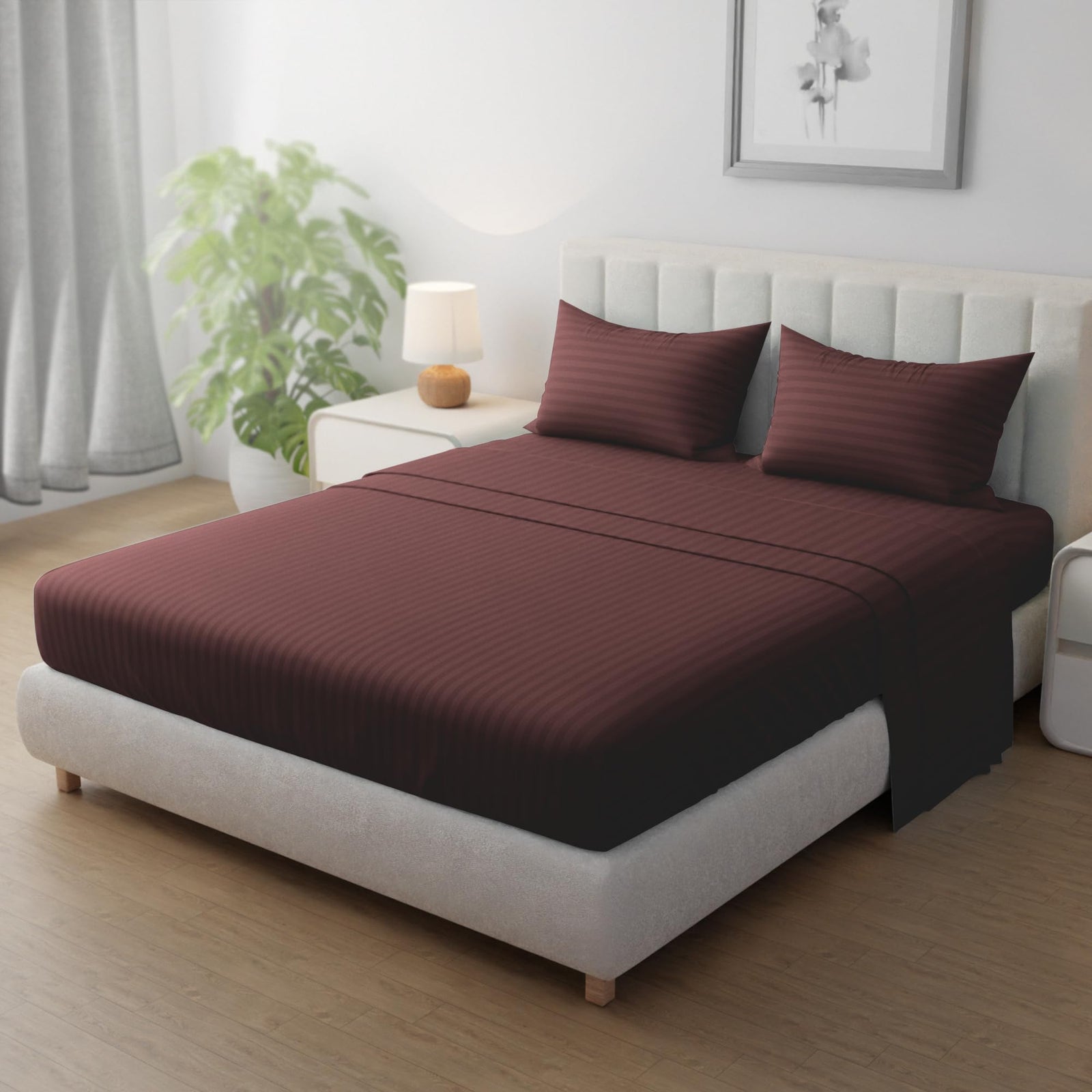 Hotel Linen Klub Striped Microfiber Fitted Sheet Set - Double (120 x 200 cm) + 2 Pillowcases (50 x 75 cm), Premium Durable Quality, Deep Pocket for a Perfect Fit, Chocolate