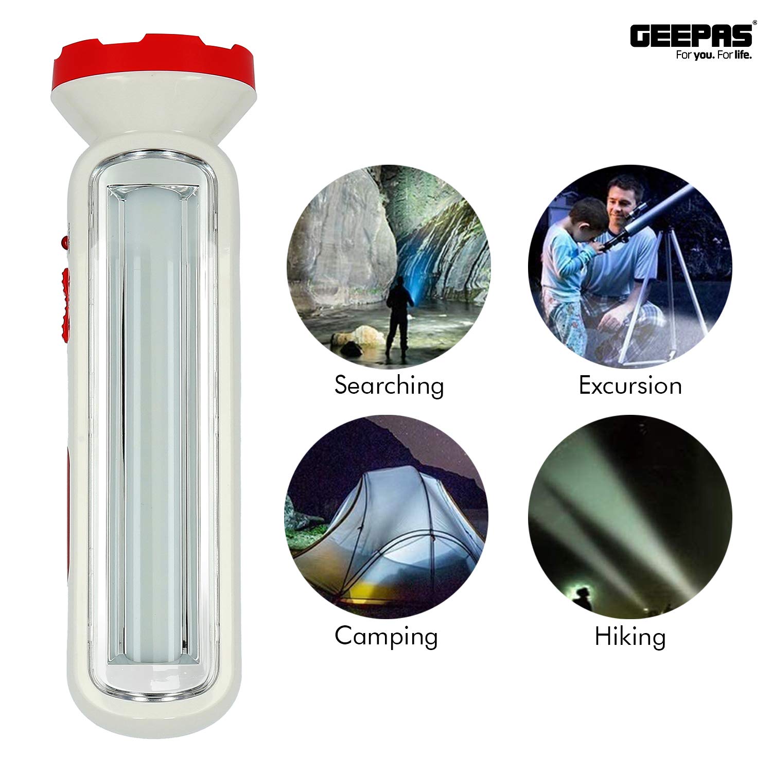 Geepas GFL4663 3W Rechargeable LED Torch with 8W Emergency Lantern, Plastic