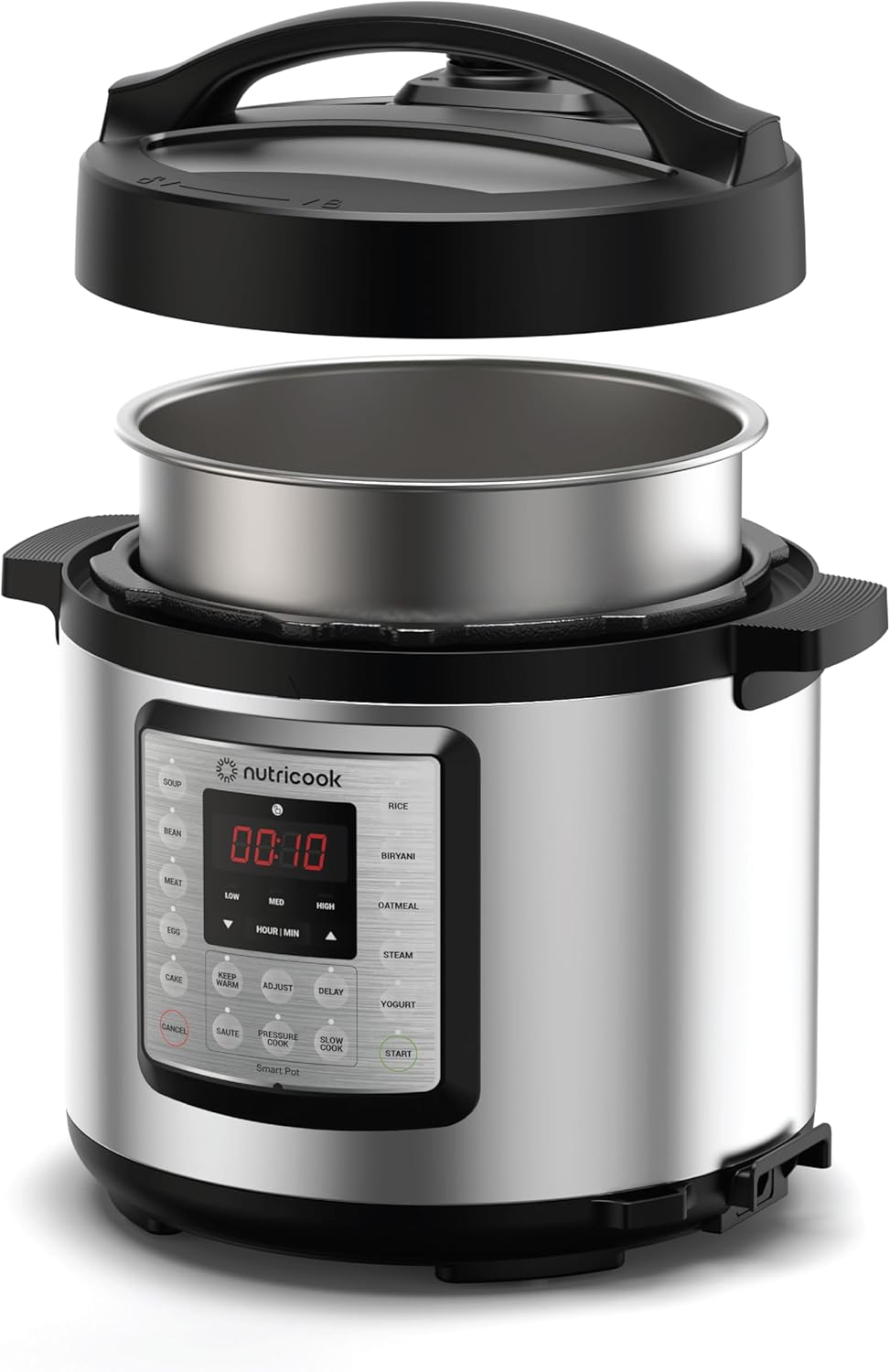 Nutricook Smart Pot Eko, 1000 Watts - 9 In 1 Instant Programmable Electric Pressure Cooker, 6 Liters, 14 Smart Programs, Brushed Stainless Steel/Black  Silver/Black