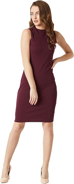 Miss Olive Women's Polyester Bodycon Knee-Length Dress (Moaw18D10-98-184_Wine Red