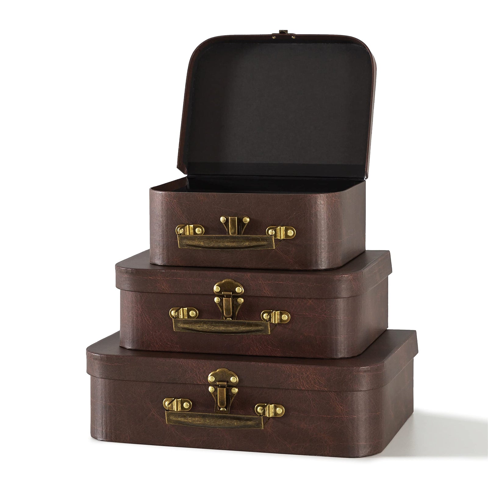 Paperboard Suitcases Set of 3, Brown Leather - Vintage Cardboard Suitcase Decor, Nesting Luggage Decorative Mache Boxes with Hinged Lids and Brass Handle, Mini Suitcases for Centerpieces, Photo Props