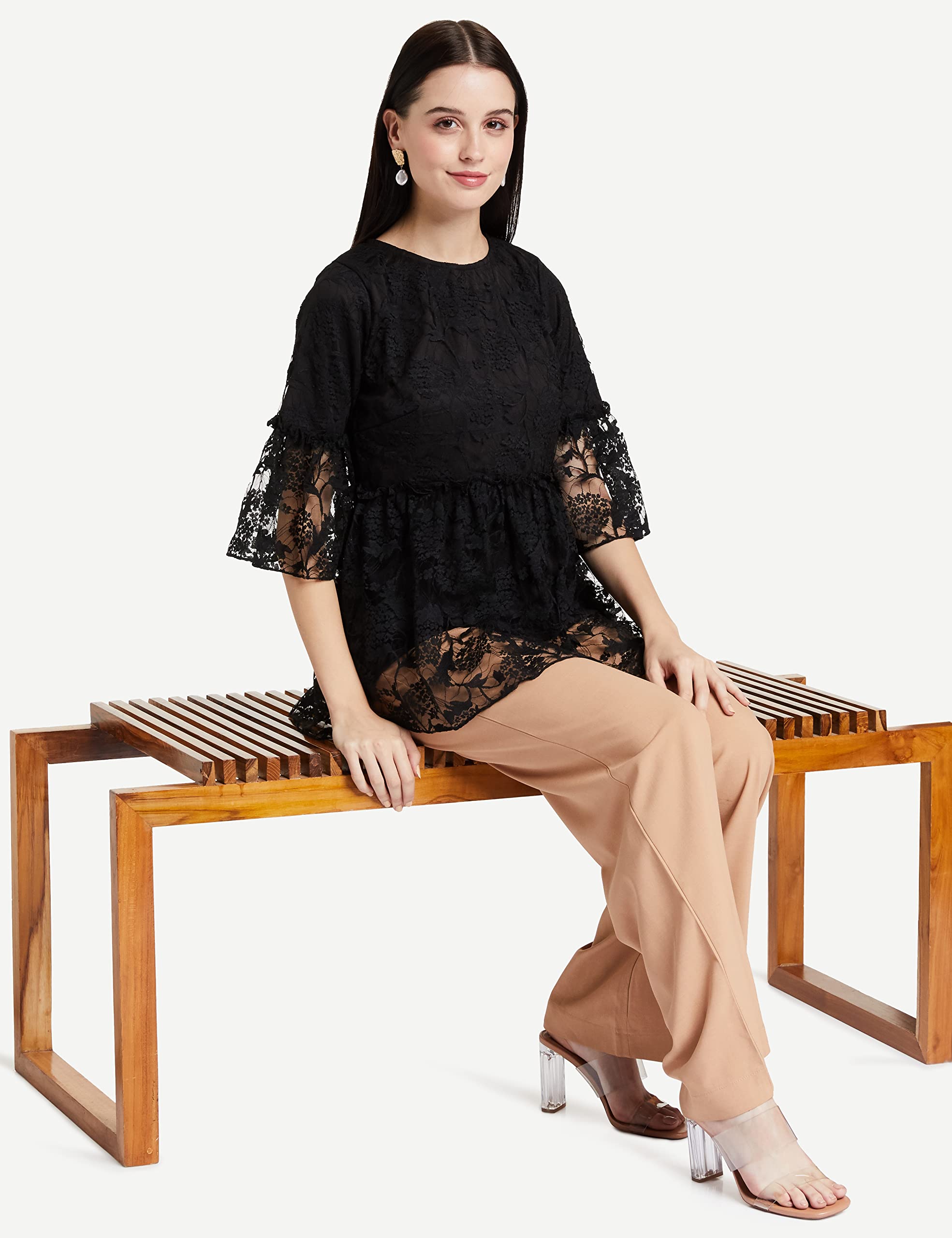 Miss Olive Women Solid 3/4Th Sleeves Ruffled Lace Top (Moaw19Tp30)