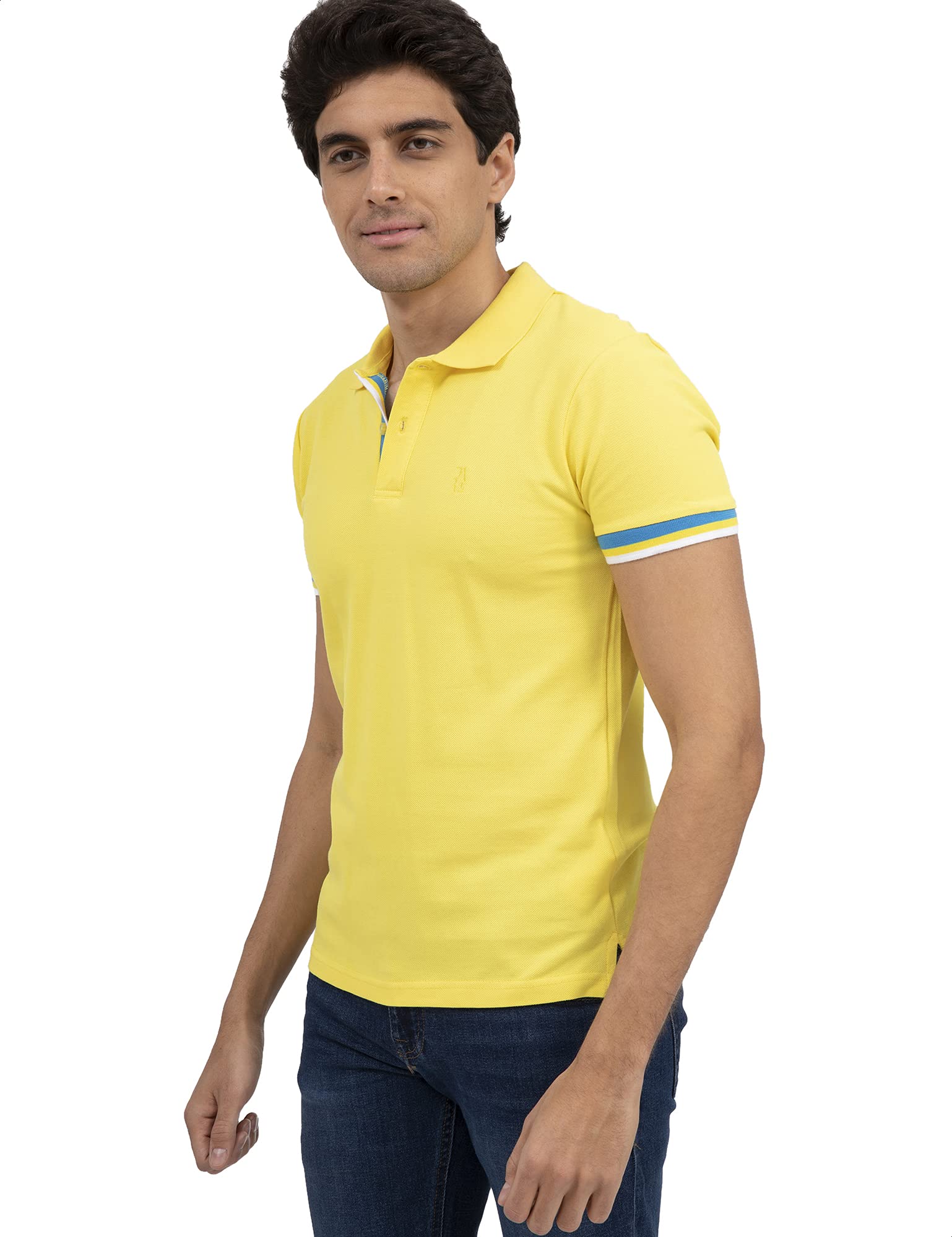 Dalydress Dare Cotton Striped Trims Short Sleeves Polo Shirt for Men, Yellow, M