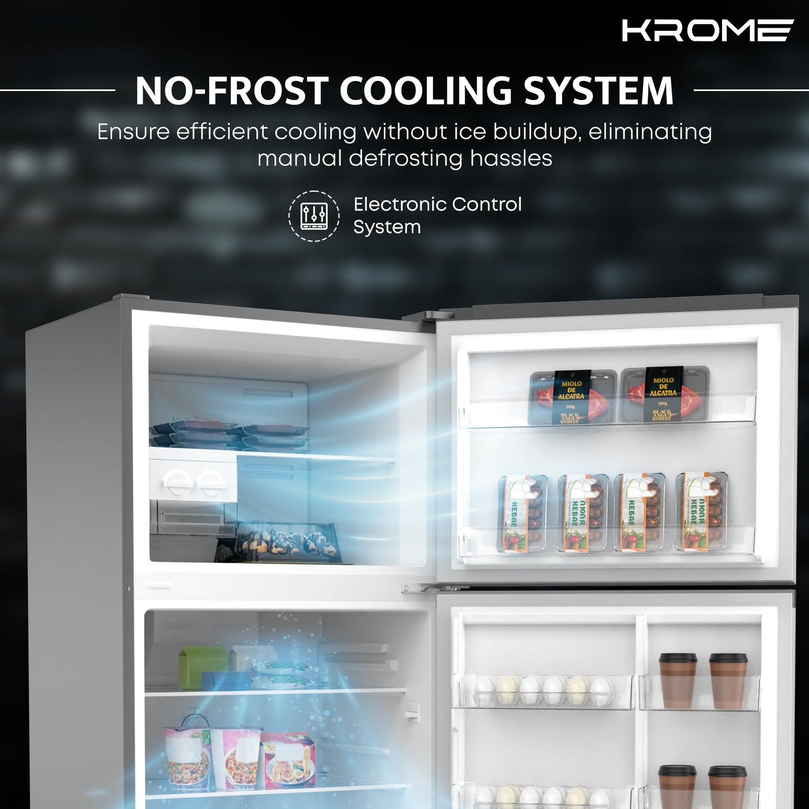 KROME 455 Liter Gross Top Mount Double Door Refrigerator, No Frost Cooling System, LED Display, Convenient Shelves For Easy Access, INOX, 10 Year Compressor - KR-RFF 480 IM