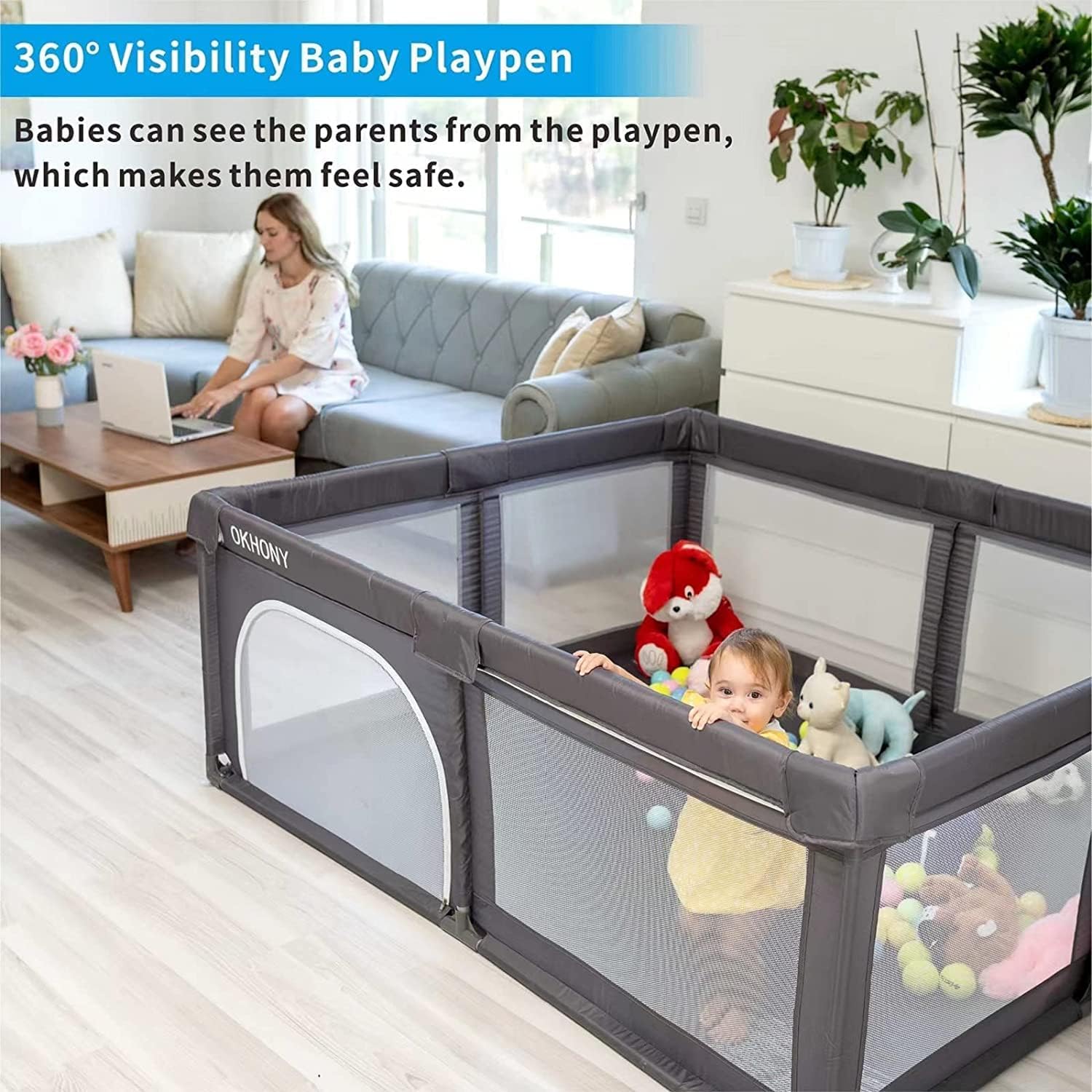 SKY-TOUCH Baby Playpen, Extra Large Playard For Babies, Portable Indoor Outdoor Toddlers Safety Play Yard Activities With Breathable Mesh&Zipper Door,With100pcs-Ocean Balls&Accessories Grey-150×180cm