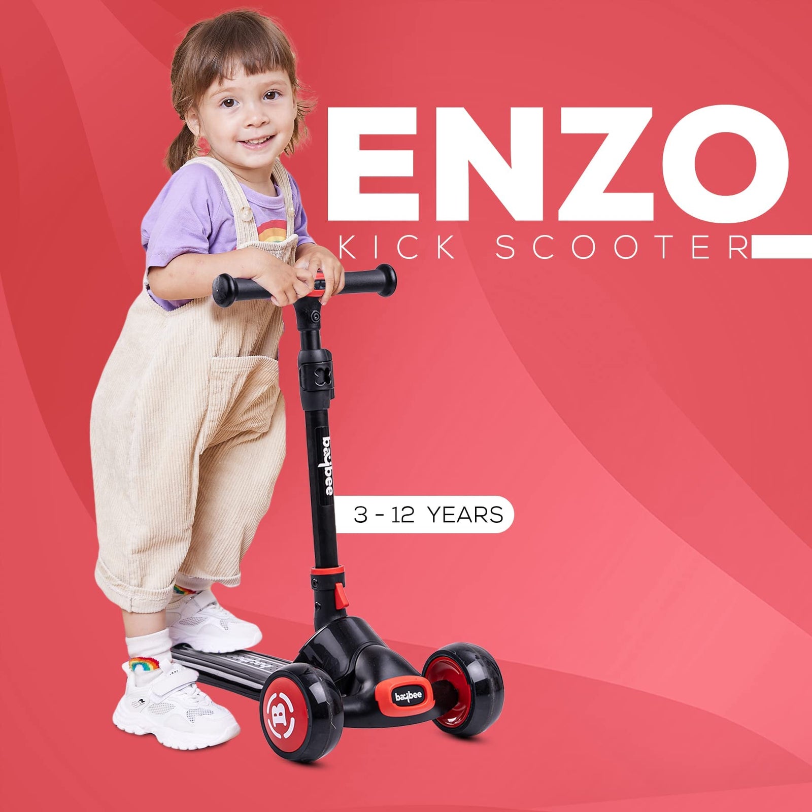 Baybee Enzo Skate Scooter for Kids, 3 Wheel Kids Scooter, Kick Scooter with Foldable & Height Adjustable Handle, Runner Scooter with LED PU Wheels, Scooter for Kids 3 to 12 Years Boys Girls