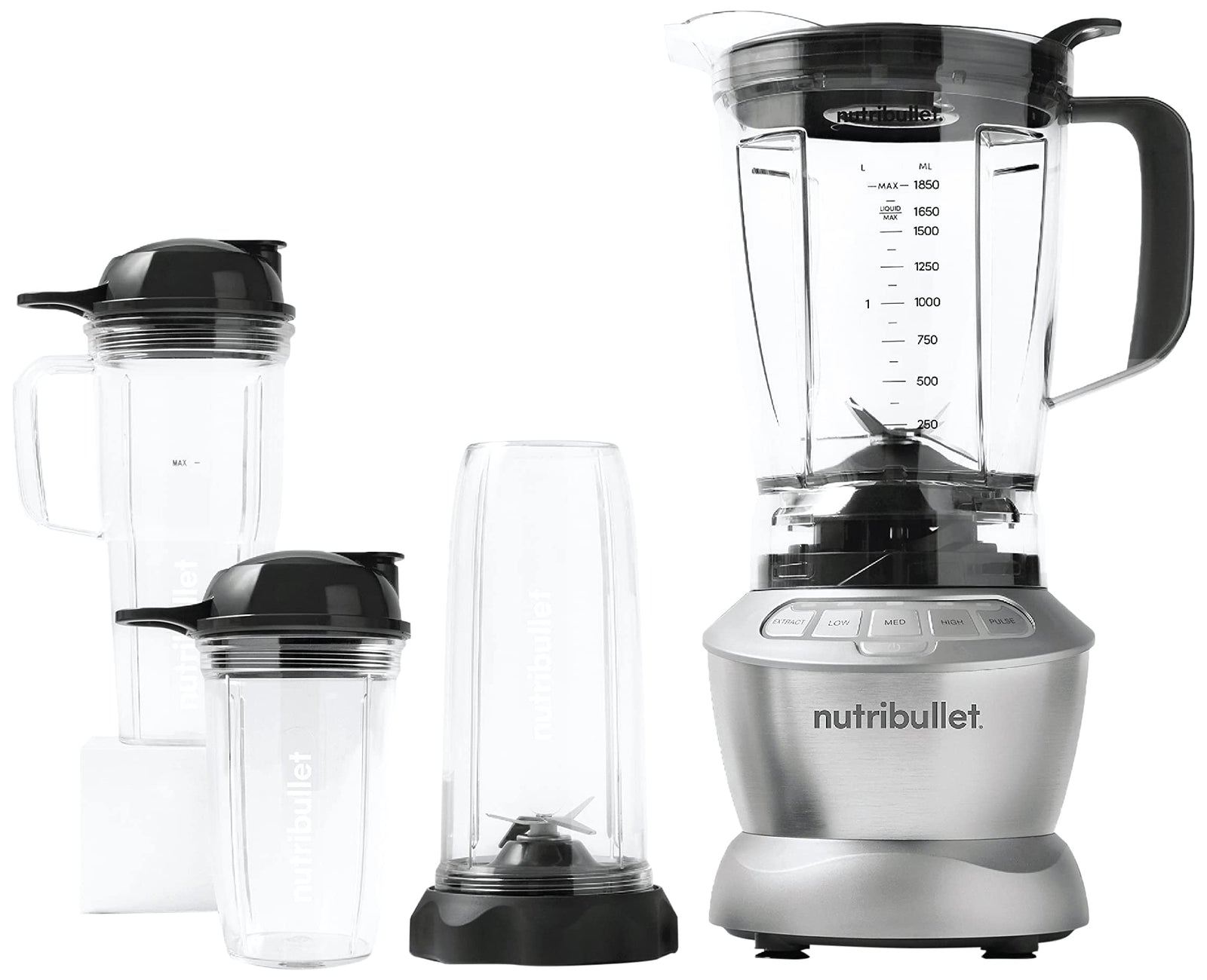 NutriBullet Full Size Blender + Combo 1200 Watts, 9 Piece Set, Multi-Function High Speed Blender, Mixer System With Nutrient Extractor, Smoothie Maker, Silver , NBC-12A.
