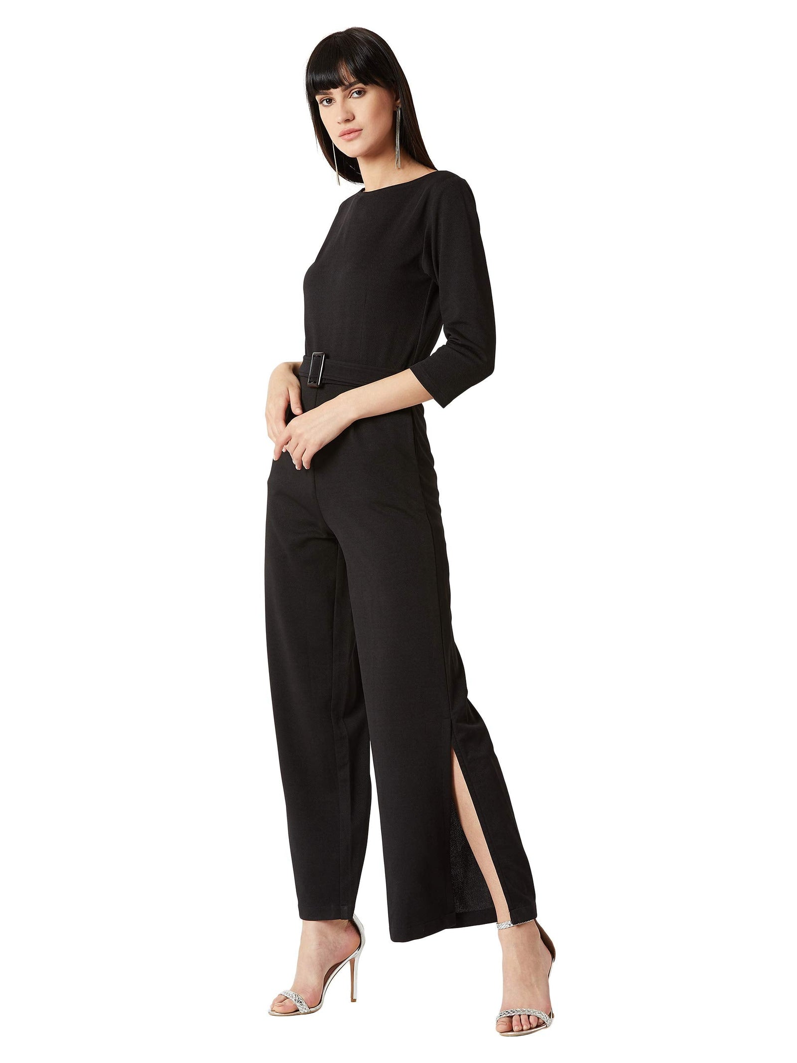 Miss Olive Women's Regular Fit Shirt Style Solid Jumpsuit.Black.M