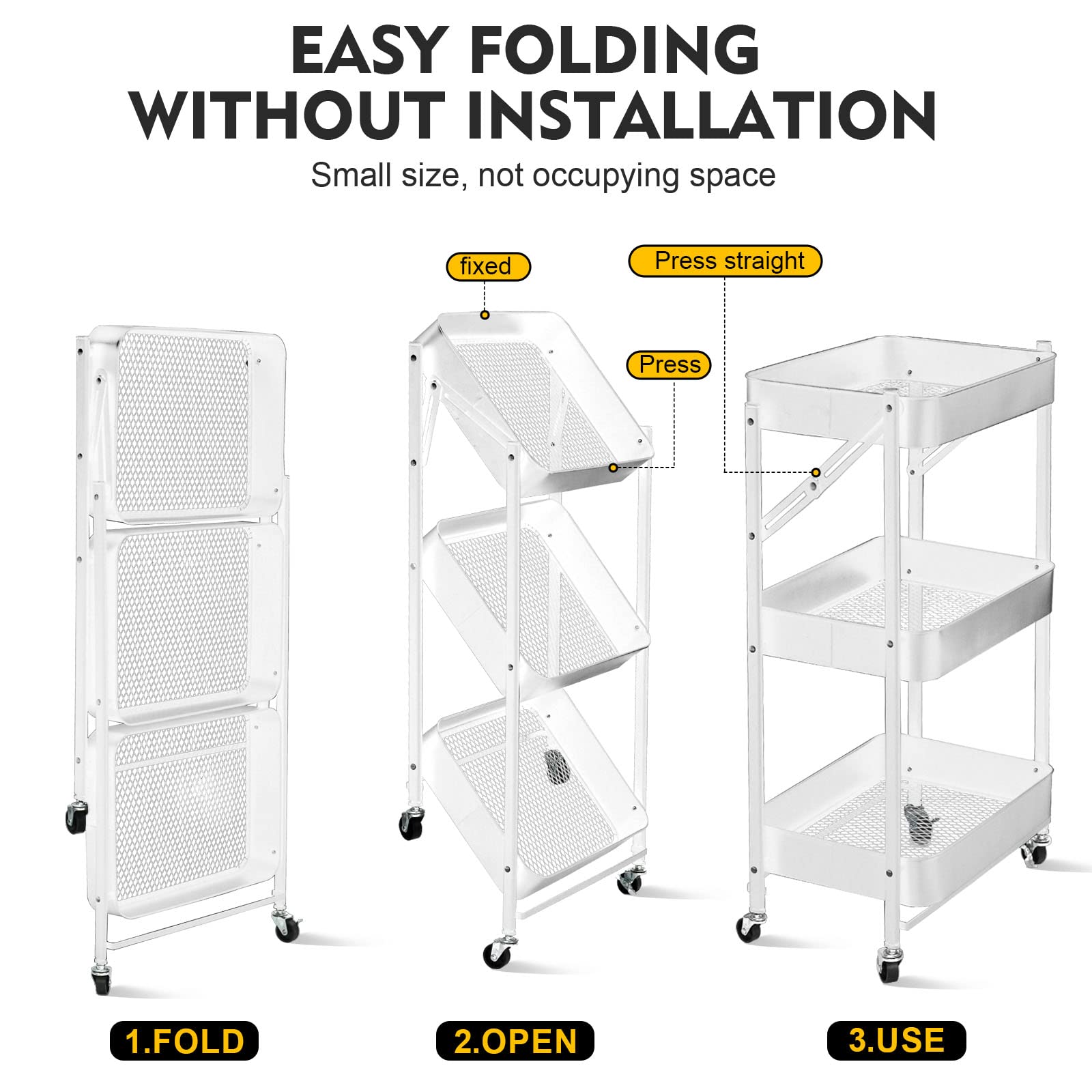 SKY-TOUCH 3 Tier trolley organizer,Foldable Metal Rolling Utility Cart Organizer, Multipurpose Organizer Trolley with Casters for Kitchen, Bedroom, Bathroom, Office, Laundry Room and Garage White