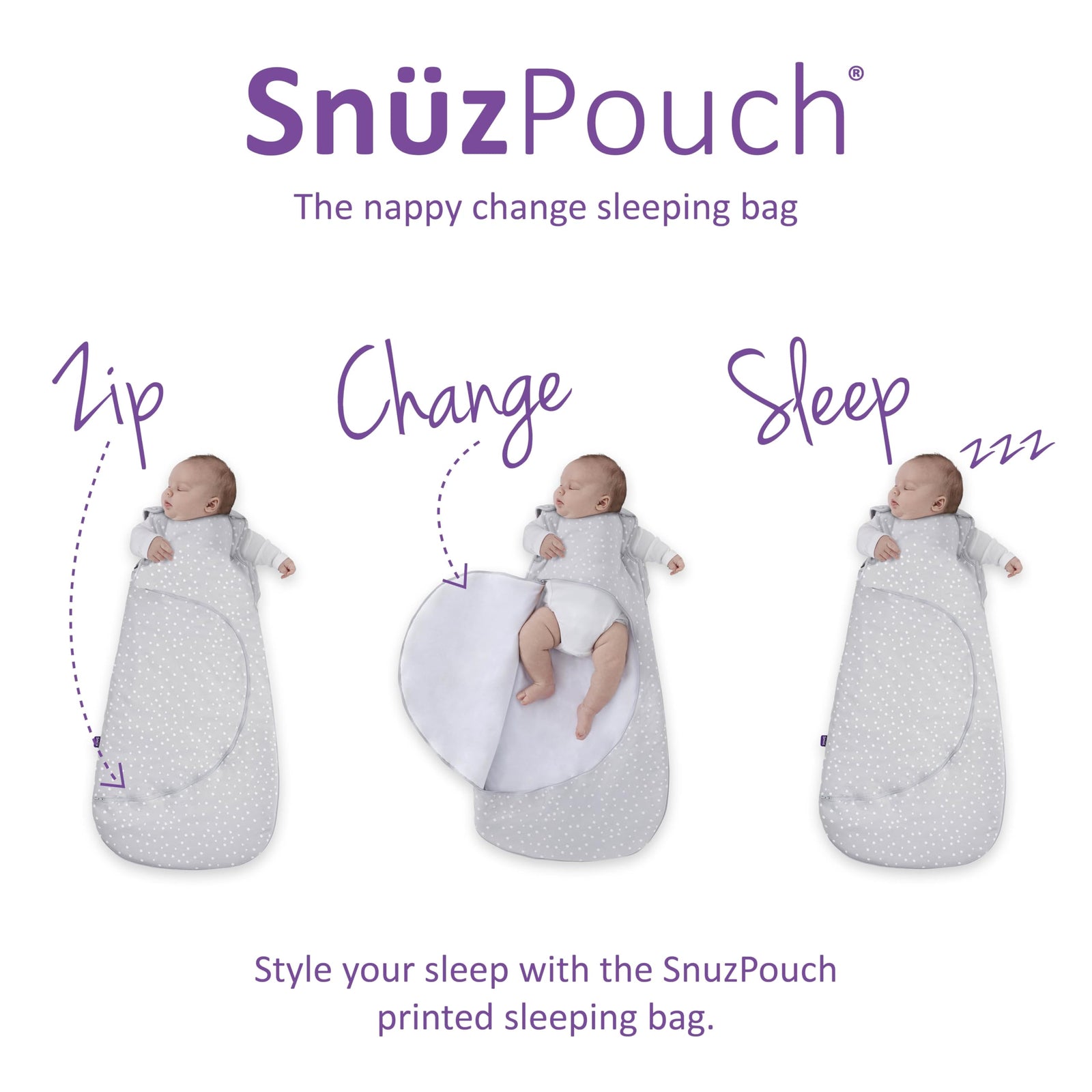 Snuz SnuzPouch Sleeping Bag for Infant/Baby| 2.5 Tog | Clever Nappy change Zip |100% Cotton | For Temperatures within 16-20 Celsius |Frrom 6-18months | Maximum Baby Length 86cm-White